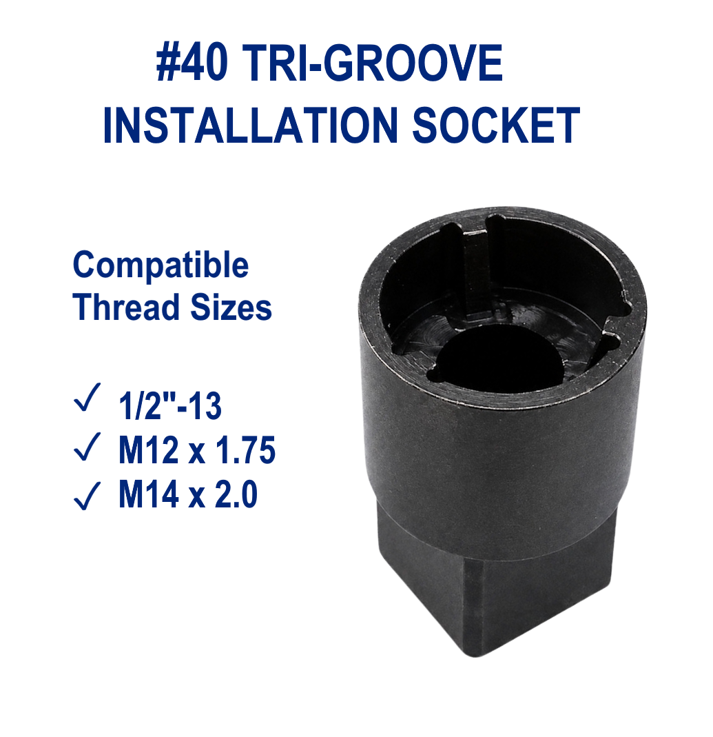 #40 Tri-Groove installation socket compatible with 1/2-inch, M12, and M14 security nuts