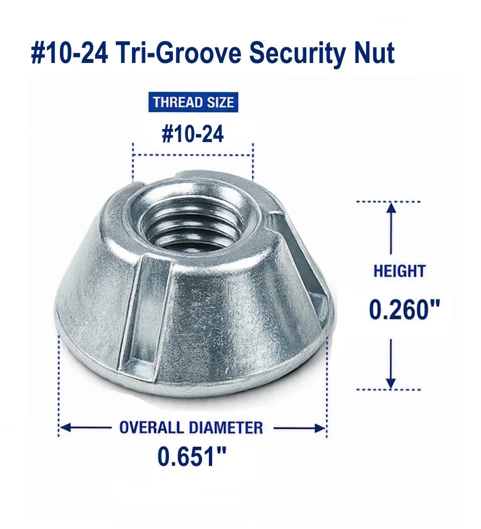 #10-24 Zamak 5 Tri-Groove tamper-resistant security nut dimensions