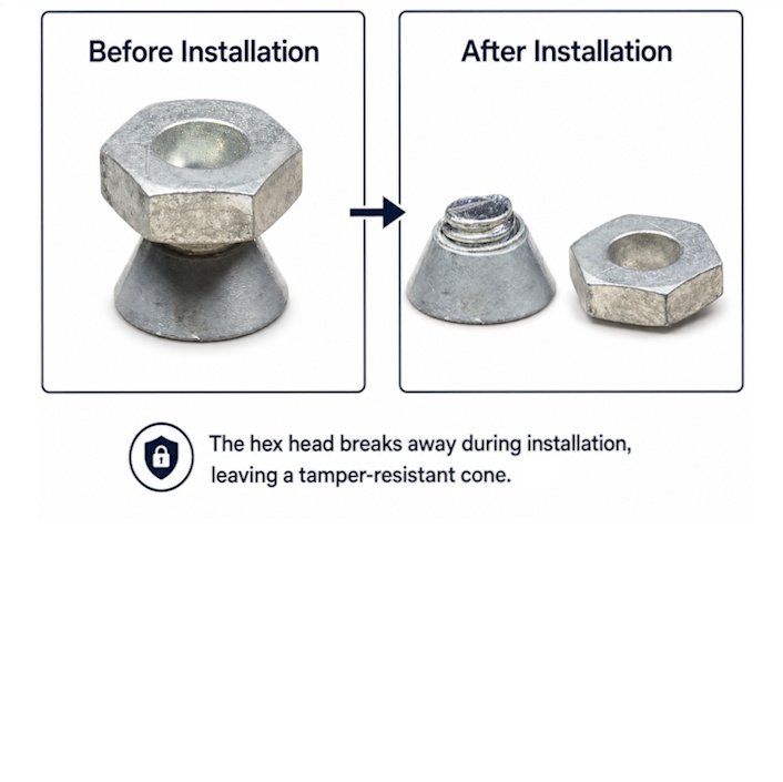 Breakaway shear nut before and after the hex head snaps off during installation