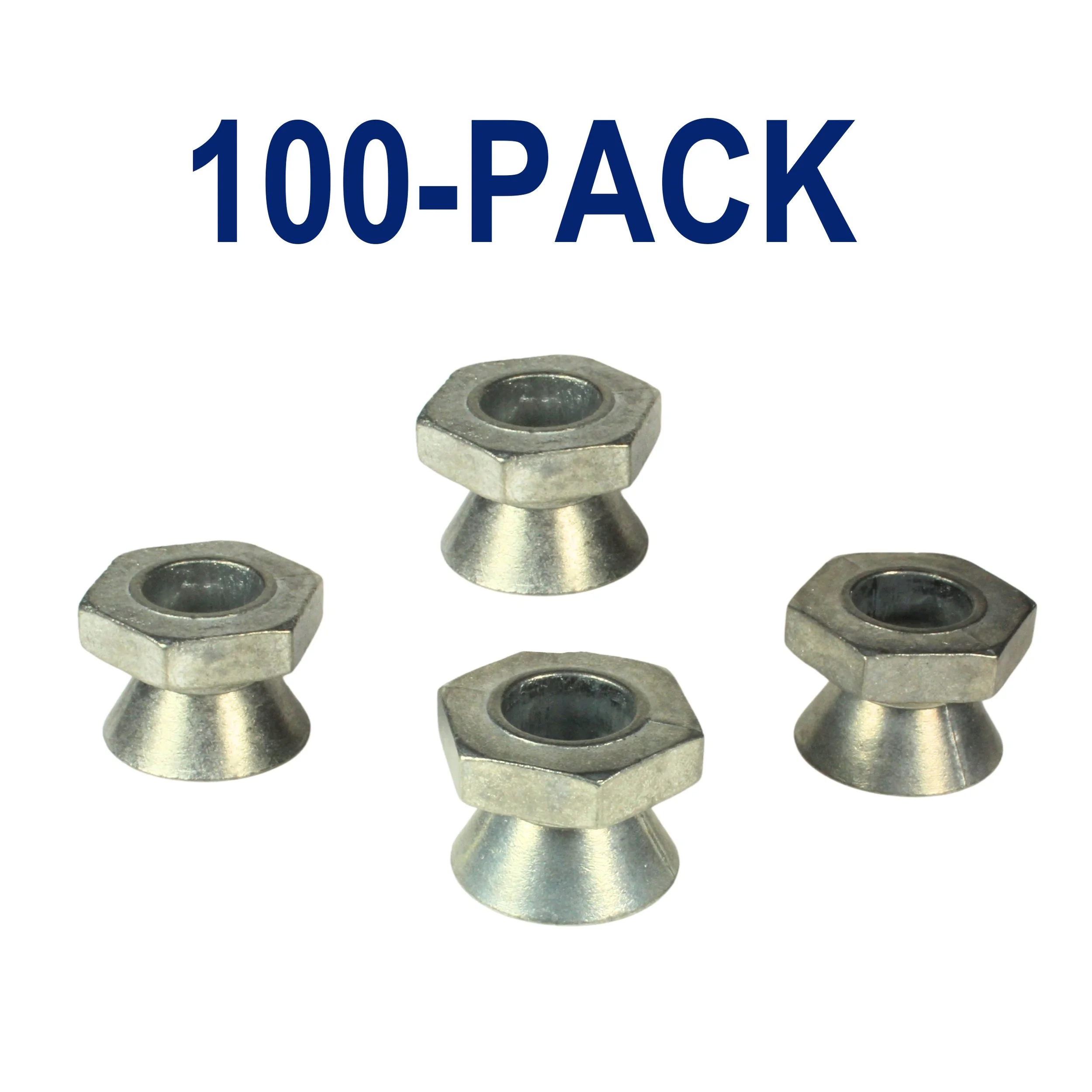 One hundred 1/2-13 Zamak 5 breakaway shear nuts for permanent tamper-resistant installation