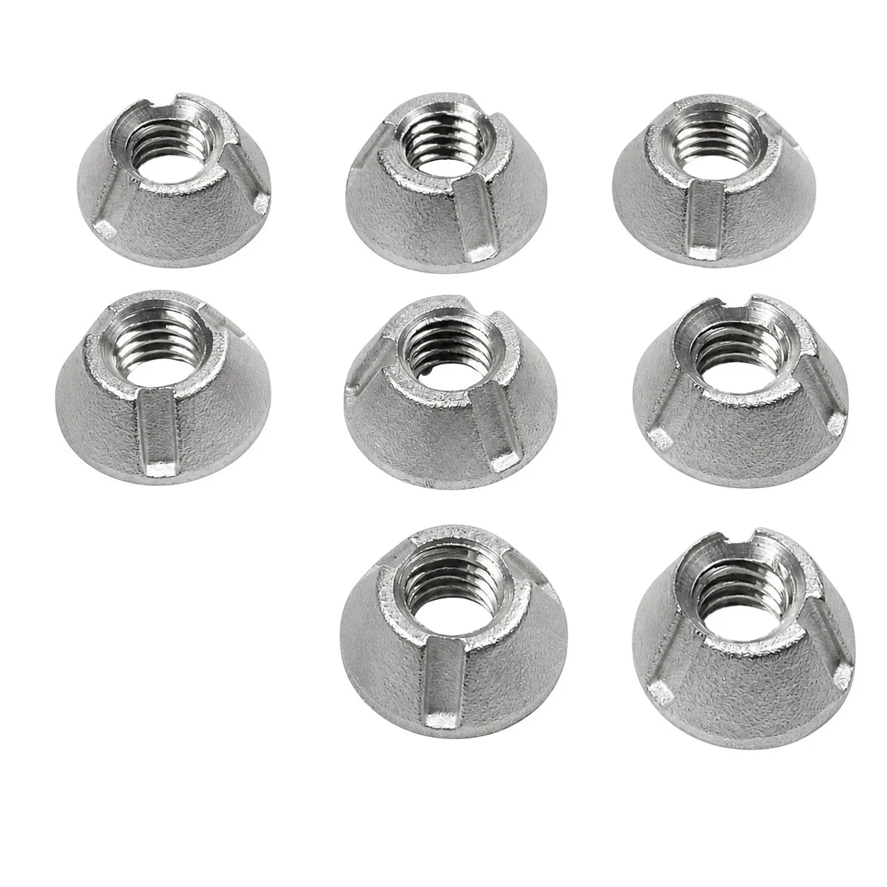 Eight 1/4-20 316 stainless steel Tri-Groove tamper-resistant security nut