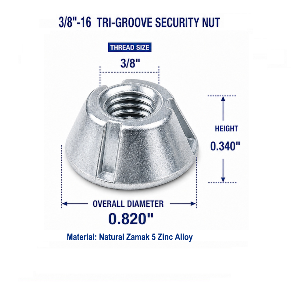 Dimensions of the 3/8-16 Tri-Groove tamper-resistant security nut