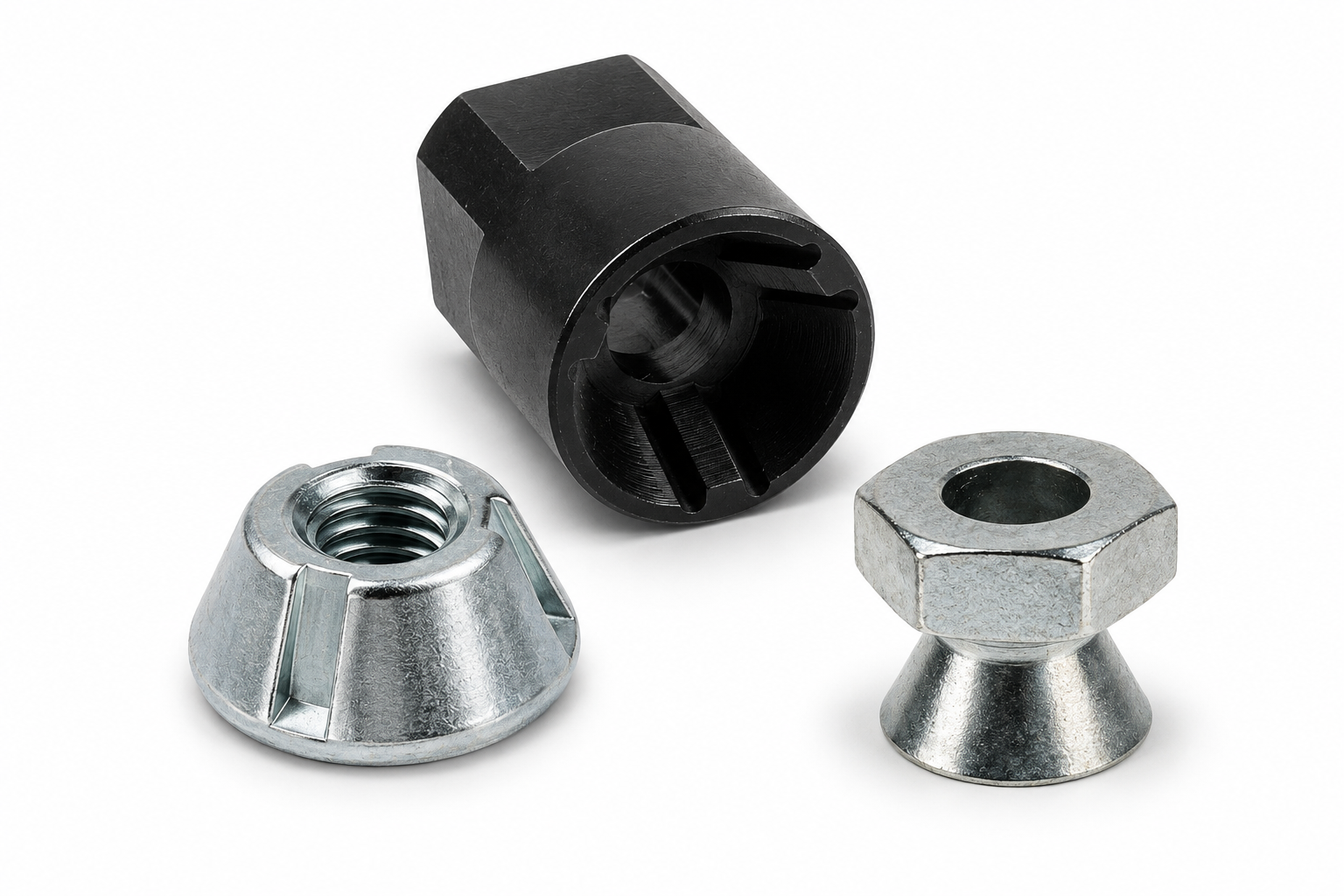 Tri-Groove tamper-resistant security and breakaway nuts nut, installation socket tool, and breakaway security nut used for industrial anti-theft fastening applications.