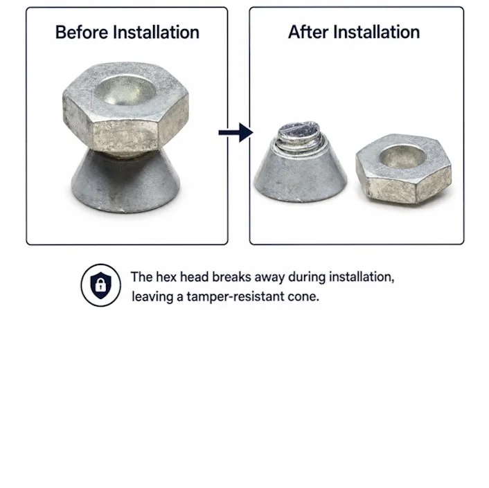 Breakaway shear nut before and after the hex head snaps off during installation