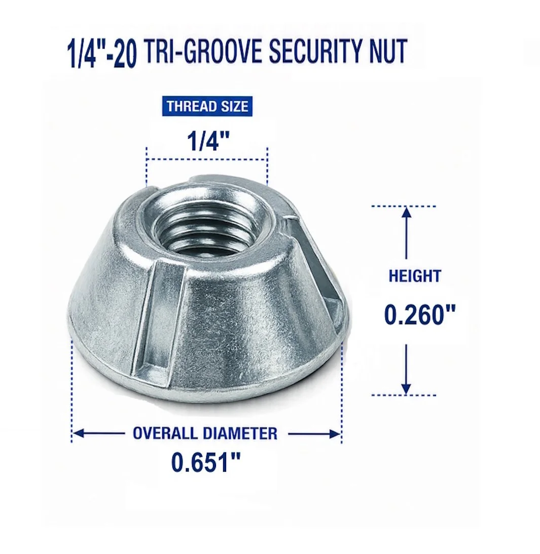 1/4"-20 Tri-Groove Security Nut dimensions