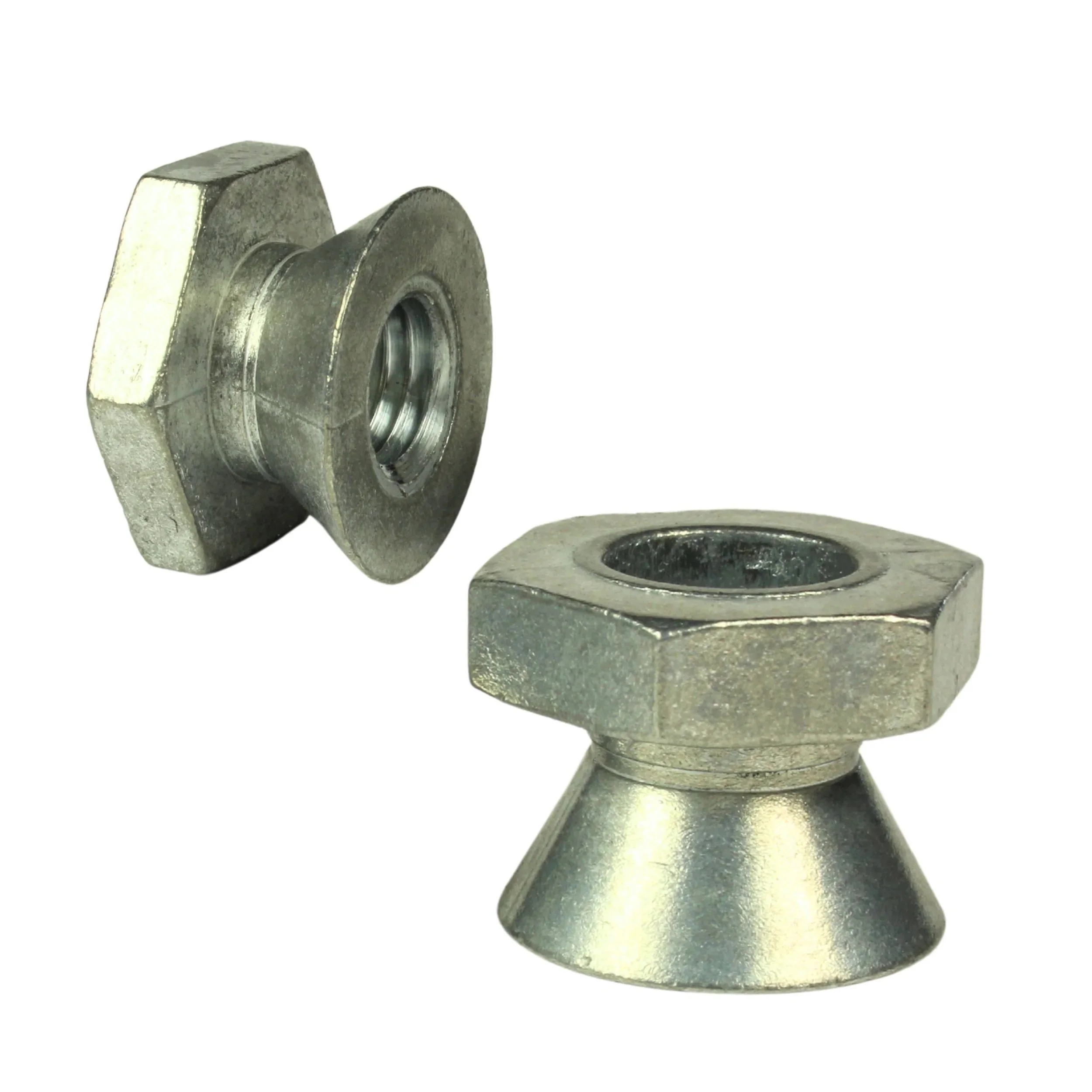 Two 5/16-18 Zamak 5 breakaway shear nuts for permanent tamper-resistant installation