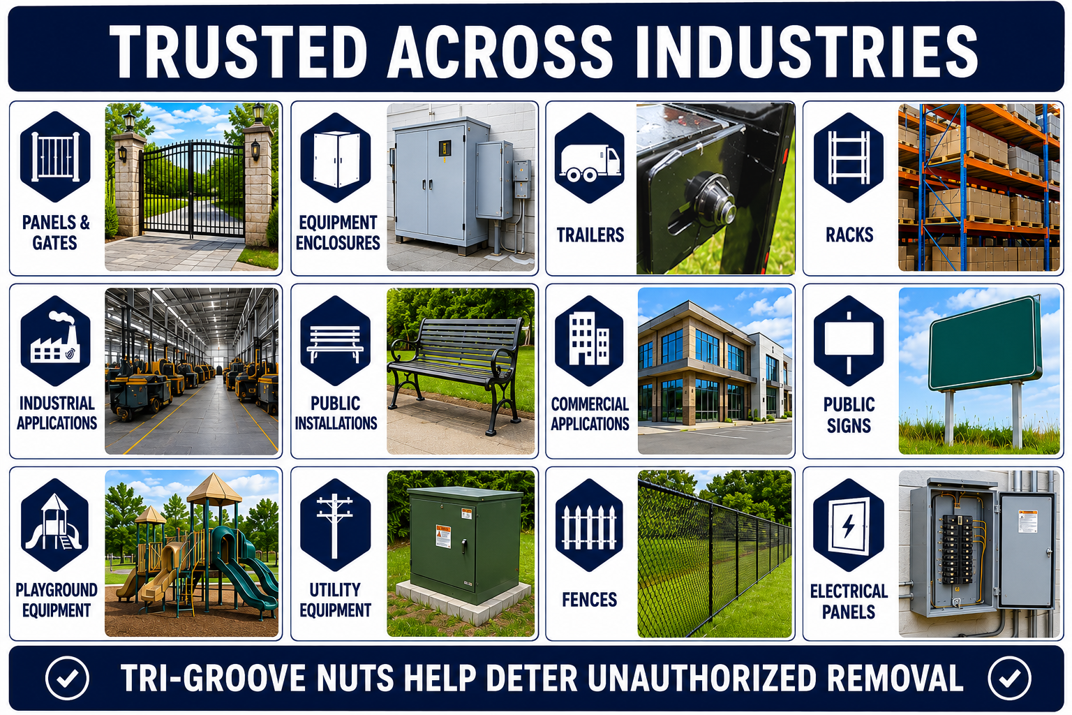 Applications for Tri-Groove tamper-resistant fasteners including gates, utility equipment, electrical panels, trailers, playgrounds, fences, and commercial facilities.