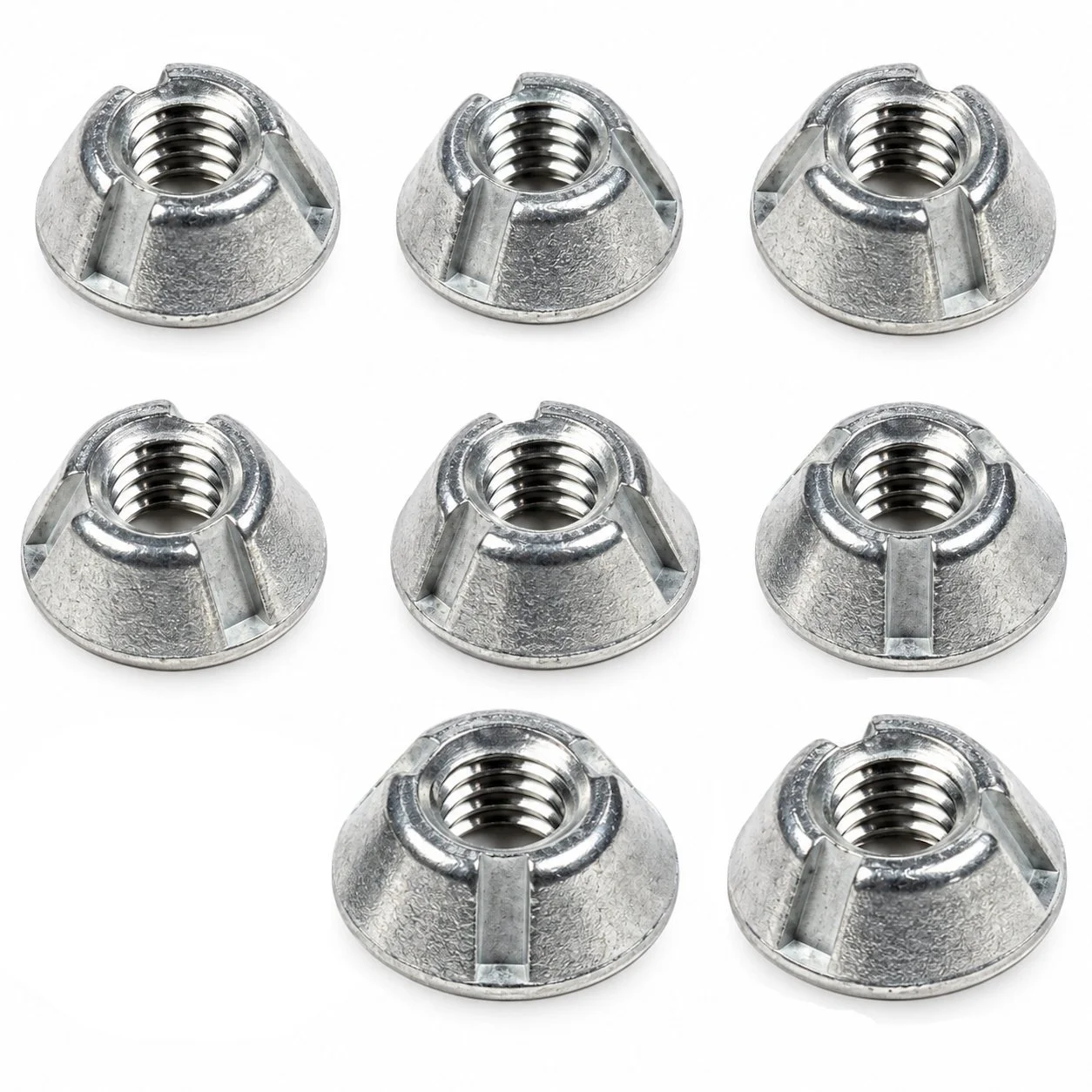 Eight #10-24 Zamak 5 Tri-Groove tamper-resistant security nut