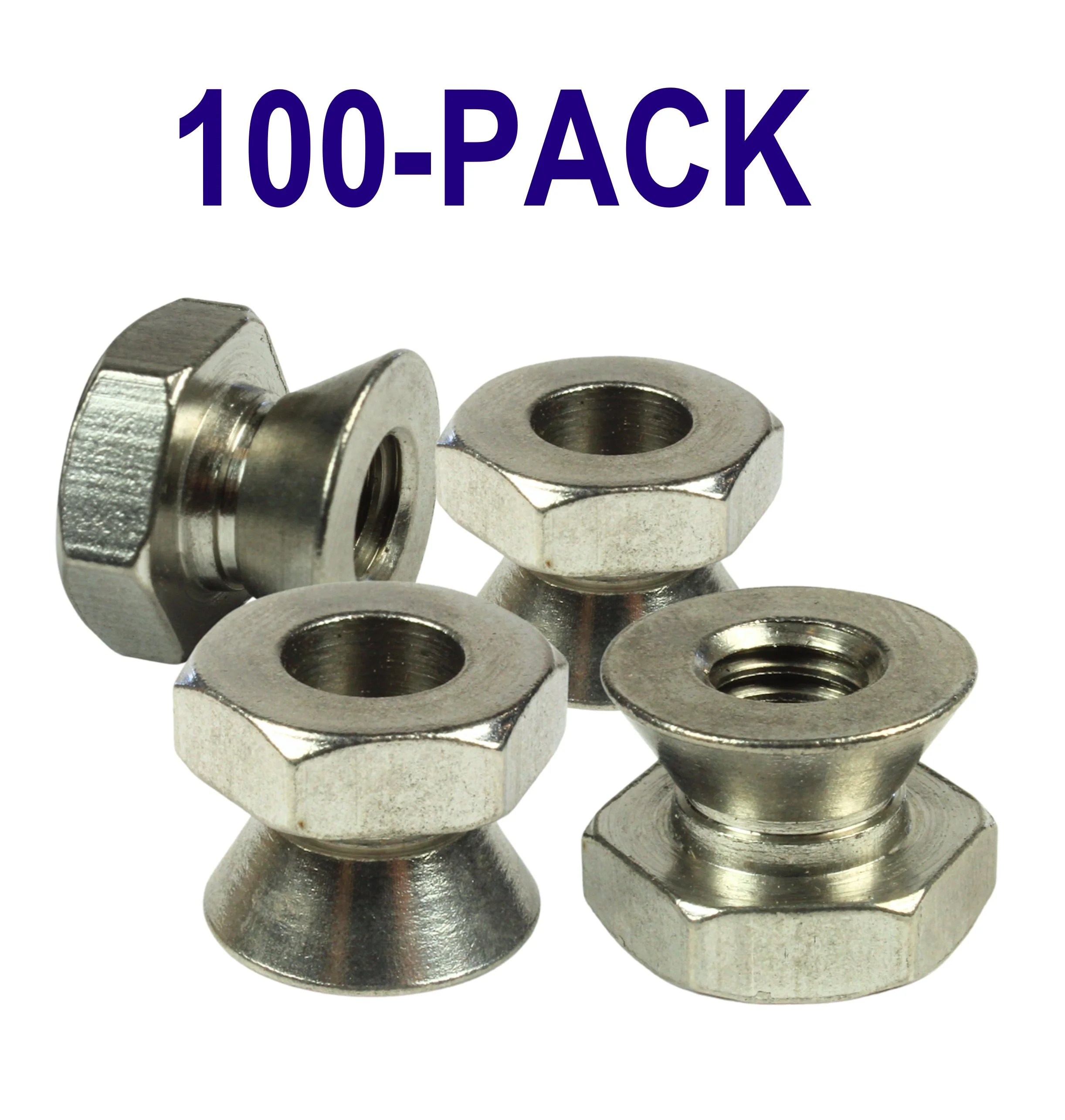 One hundred 5/16-18 304 stainless steel breakaway shear nuts for permanent tamper-resistant installation