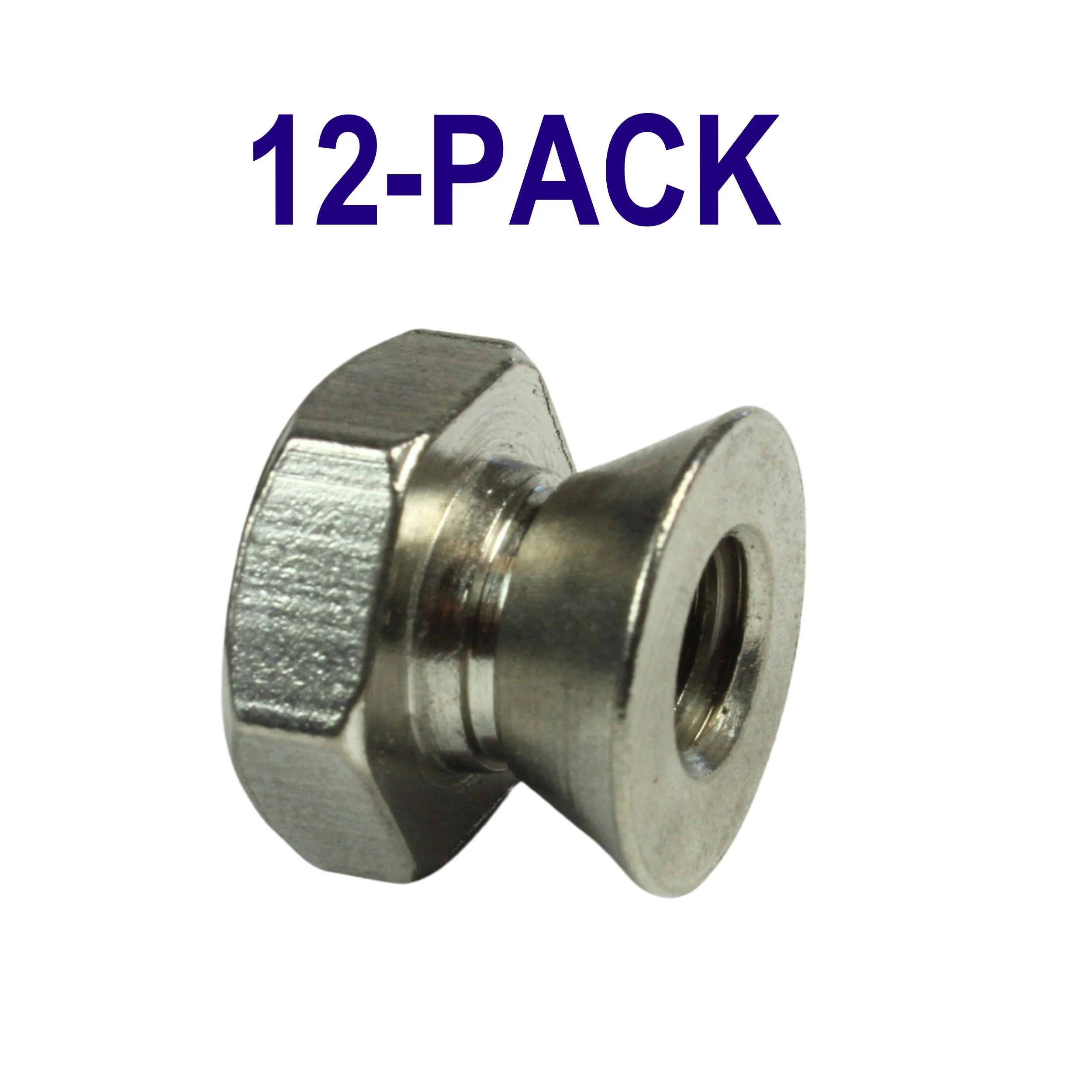 Twelve 5/16-18 304 stainless steel breakaway shear nuts for permanent tamper-resistant installation
