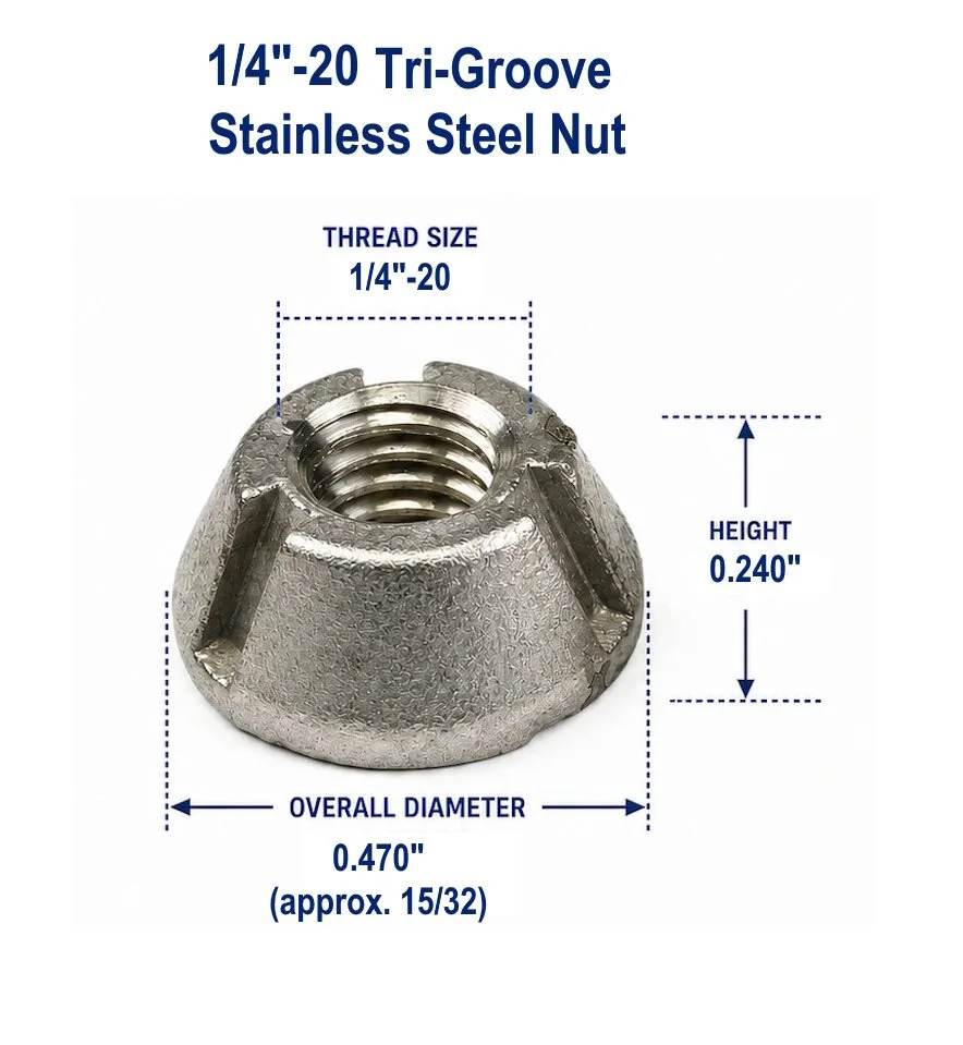 1/4-20 316 stainless steel Tri-Groove tamper-resistant security nut dimensions