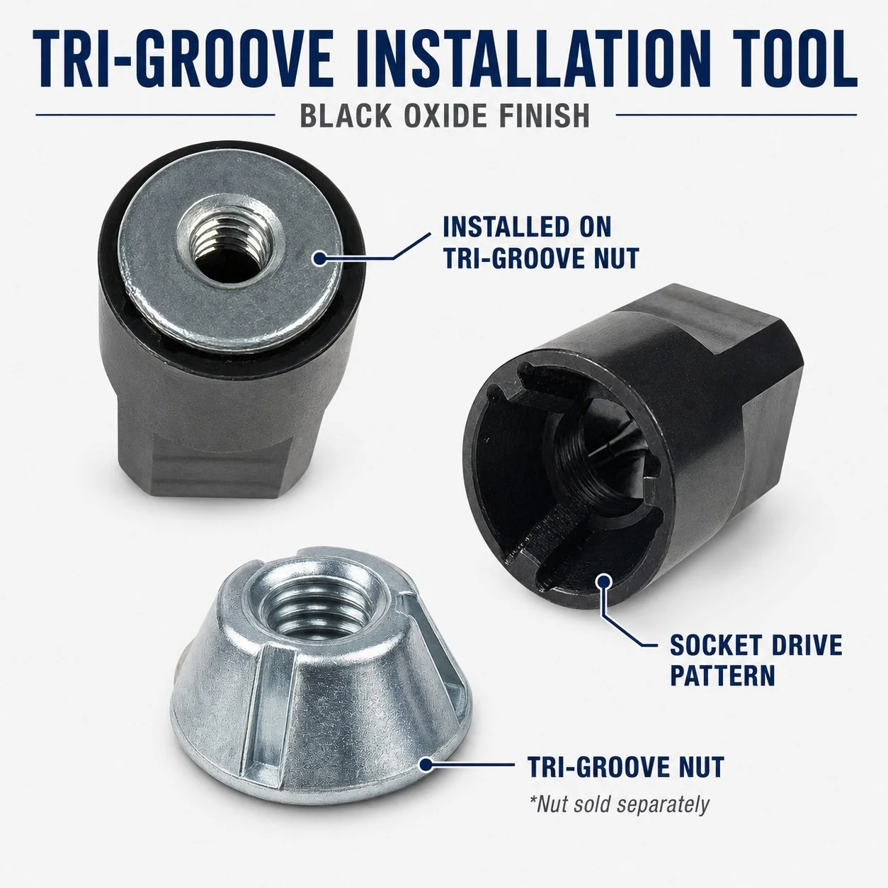 Black oxide Tri-Groove installation tool shown installed on a matching security nut, with the socket drive