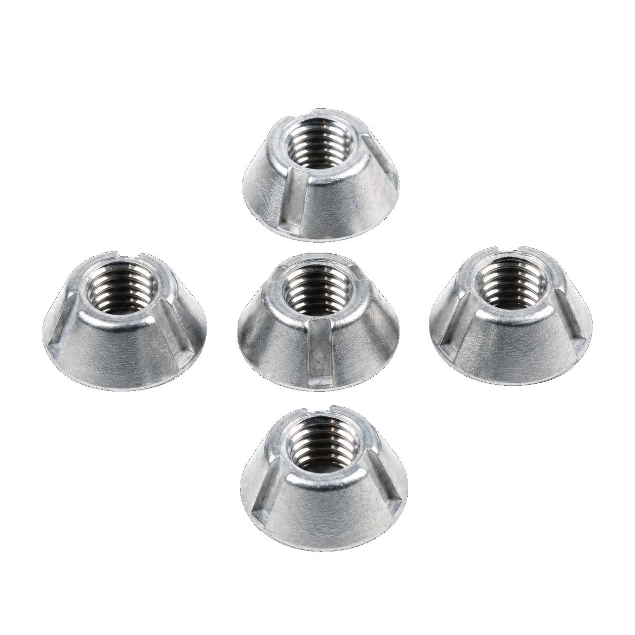 Five 5/16-18 Zamak 5 Tri-Groove tamper-resistant security nuts