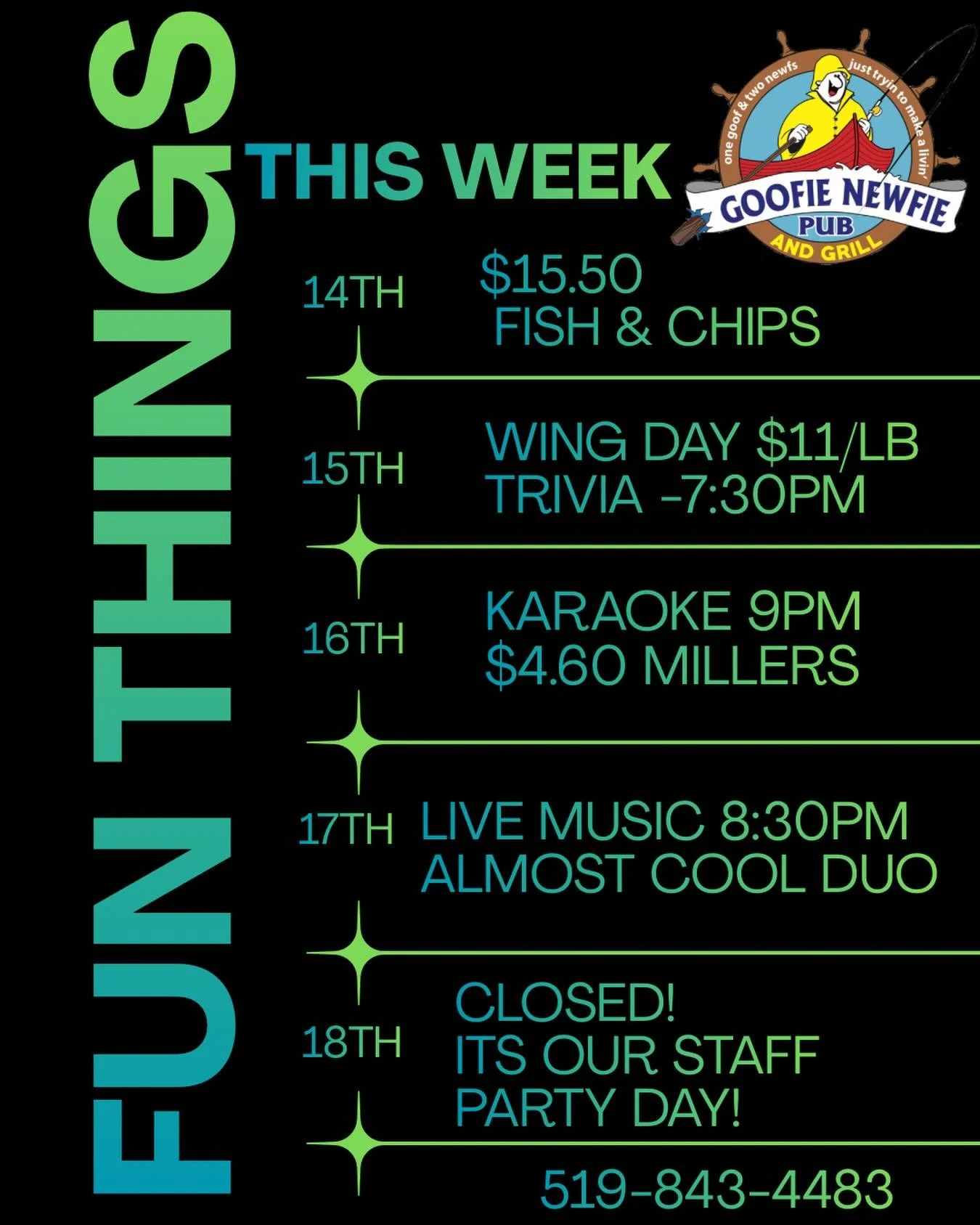 January doesn&rsquo;t have to be boring &amp; gloomy! 
Rarely a dull moment &lsquo;round here at The Newf, come find you winter laughter, food &amp; fun with us!

#goofienewfie #goofienewfiepubandgrill #neighborhoodpub #downtownfergus