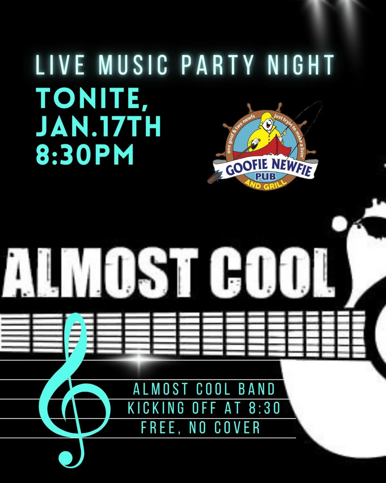 Come for dinner and the Bills&hellip;
Stick around for the awesome live music!

Free live bands, right here in your own wee little town every weekend!

Tonite, Almost Cool - 8:30pm!
Dancing encouraged!

#goofienewfie #goofienewfiepubandgrill #livemus