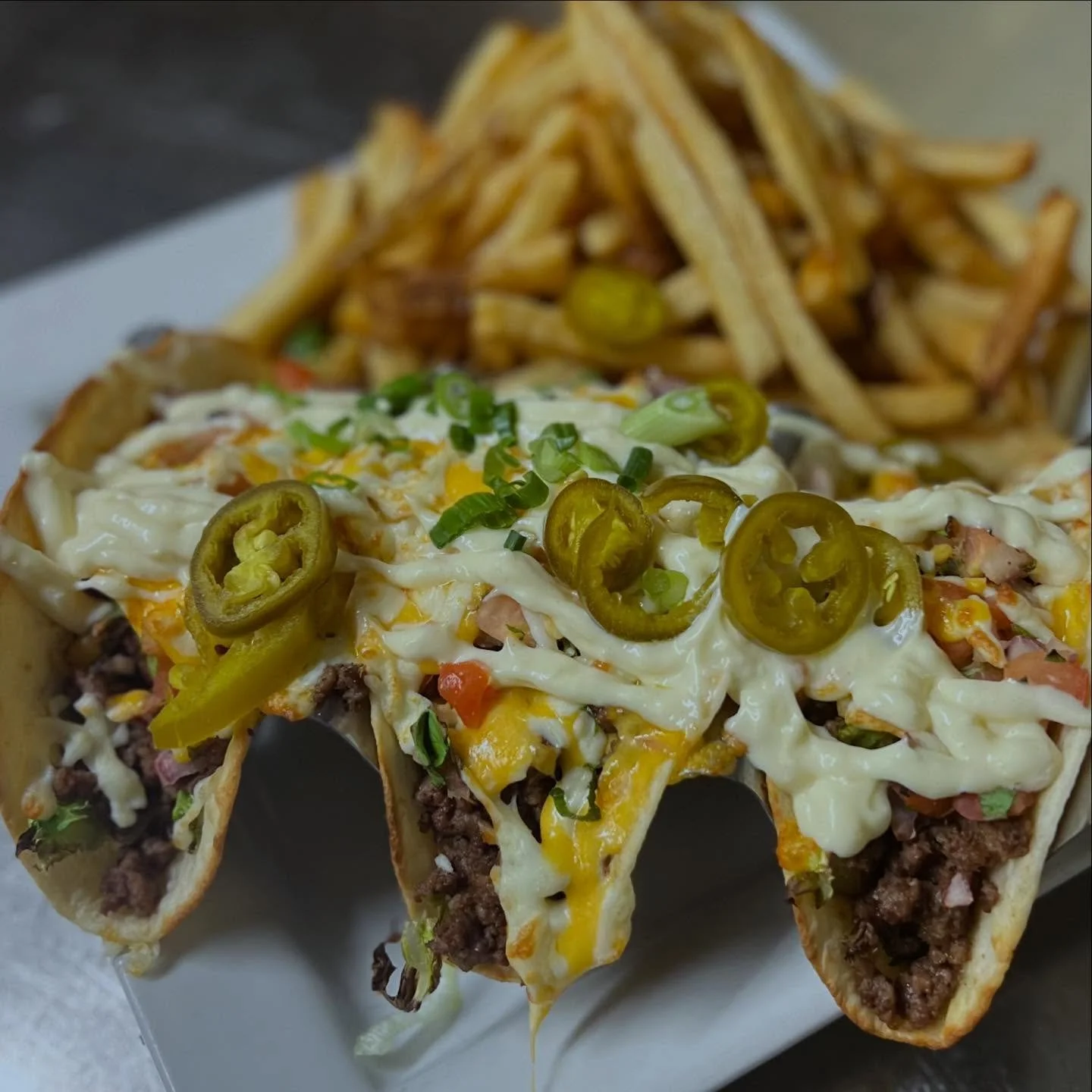 Monday, Monday&hellip; another sun shiny day out there!! 

Nate&rsquo;s created a delicious classic feature for today&hellip;.
Beef Tacos
Scrambled ground beef, melty mixed cheeses, lettuce, pickled jalape&ntilde;os, roasted corn pico de gallo &amp; 