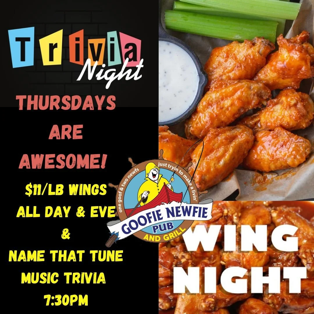One more day till the weekend&hellip;
Don&rsquo;t just wait around for Friday, get out and about&hellip;

Fresh, jumbo wings only $11/lb all day, every Thursday - dine in, w/ a beverage purchase.
And
Name that Tune Trivia 7:30
Always free to play AND