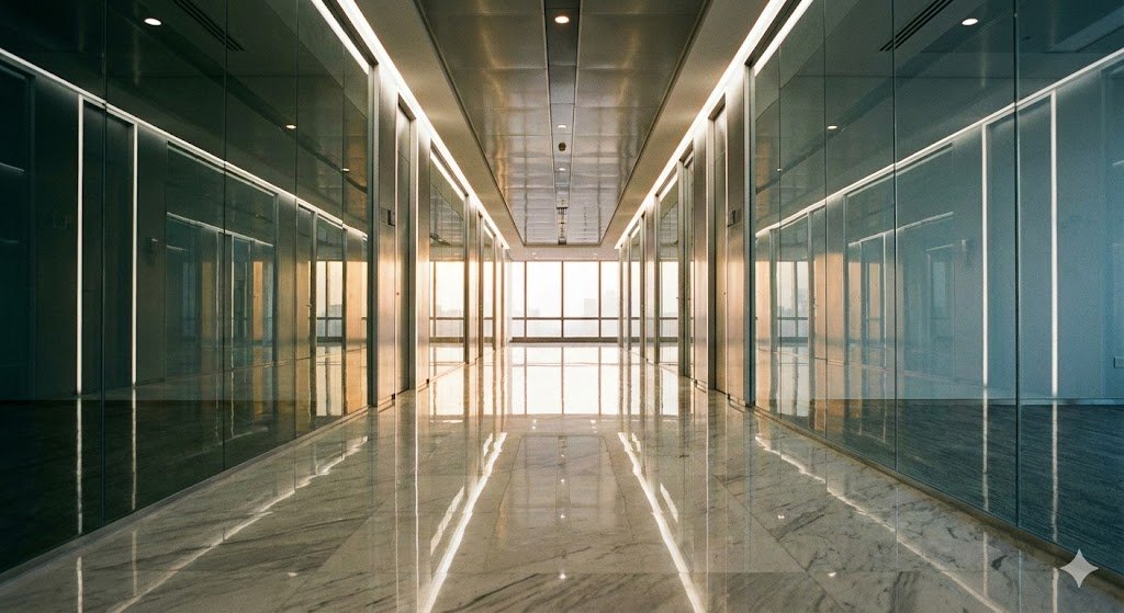 Modern office building corridor with glass walls and marble flooring, illuminated by natural light from large windows at the end.