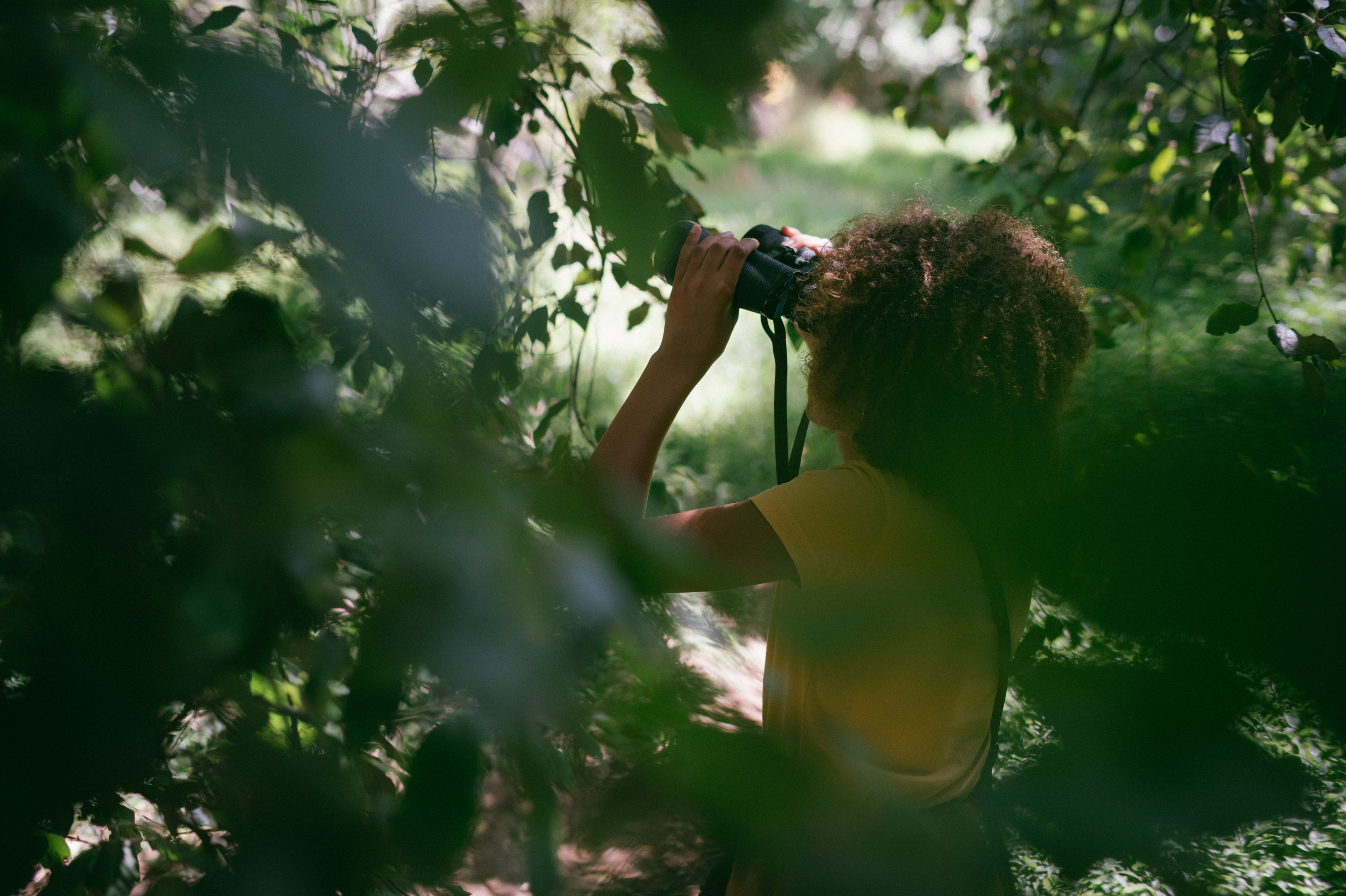girl in the forest looking through binoculars