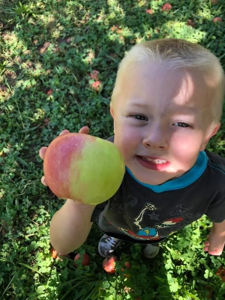 child holding an apple near their face