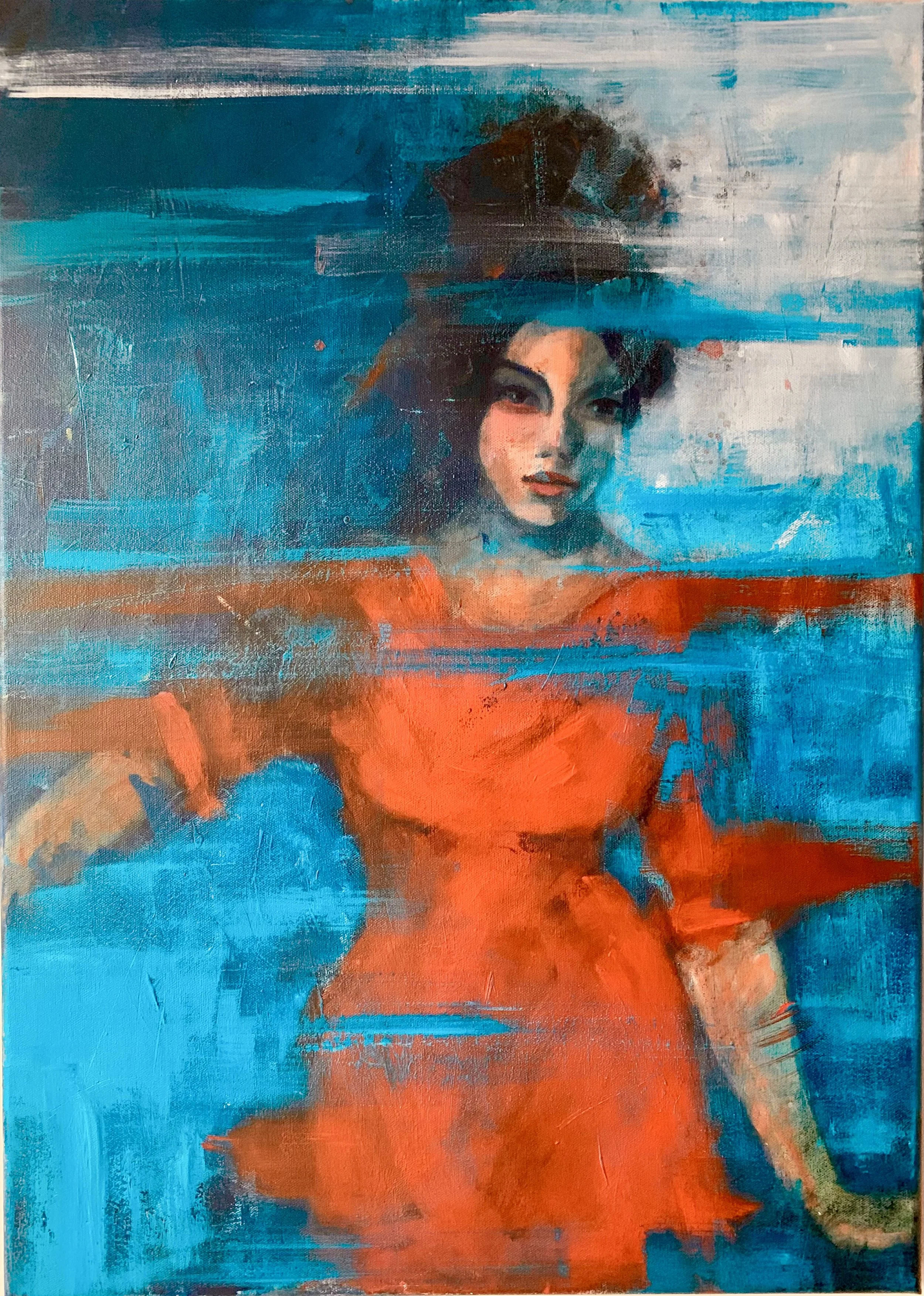 Modernes Gemälde, Acryl auf Leinwand einer melancholisch nachdenklich blickenden Frau in orangenem Kleid mit dunklen Haaren