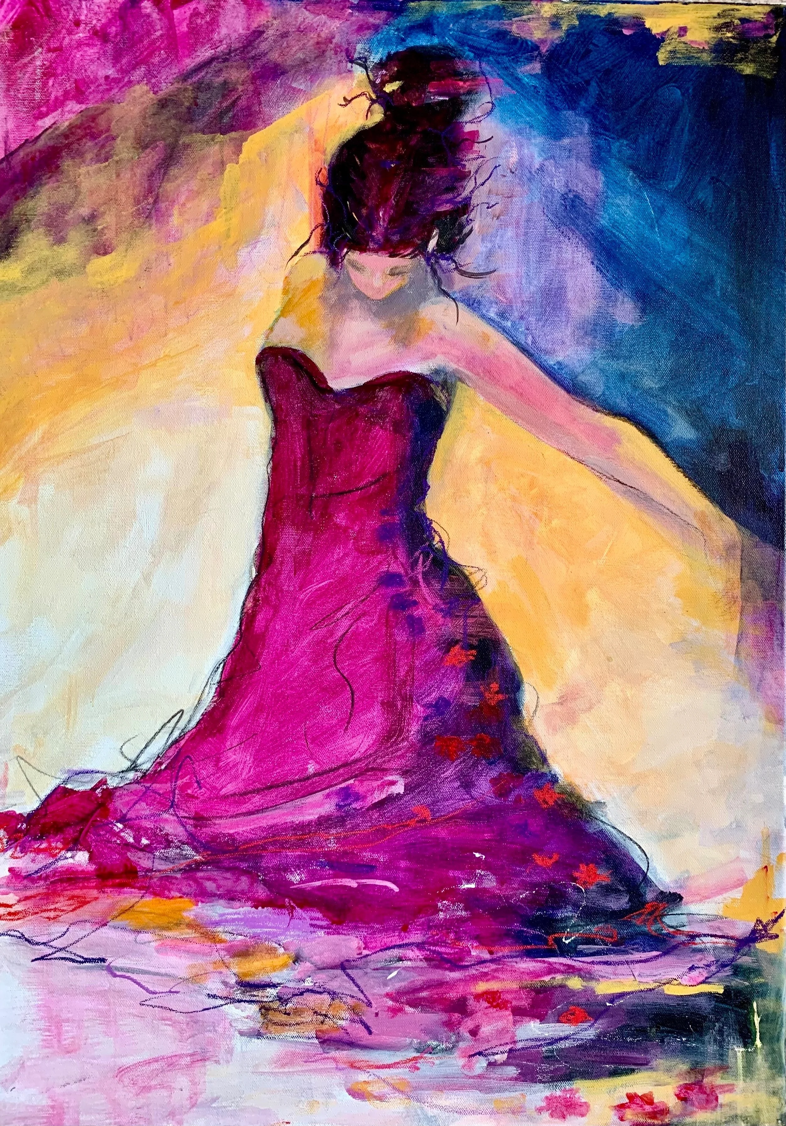 A colorful watercolor painting of a woman in a pink strapless dress, with her head bowed and hair flowing, standing on a vibrant background.