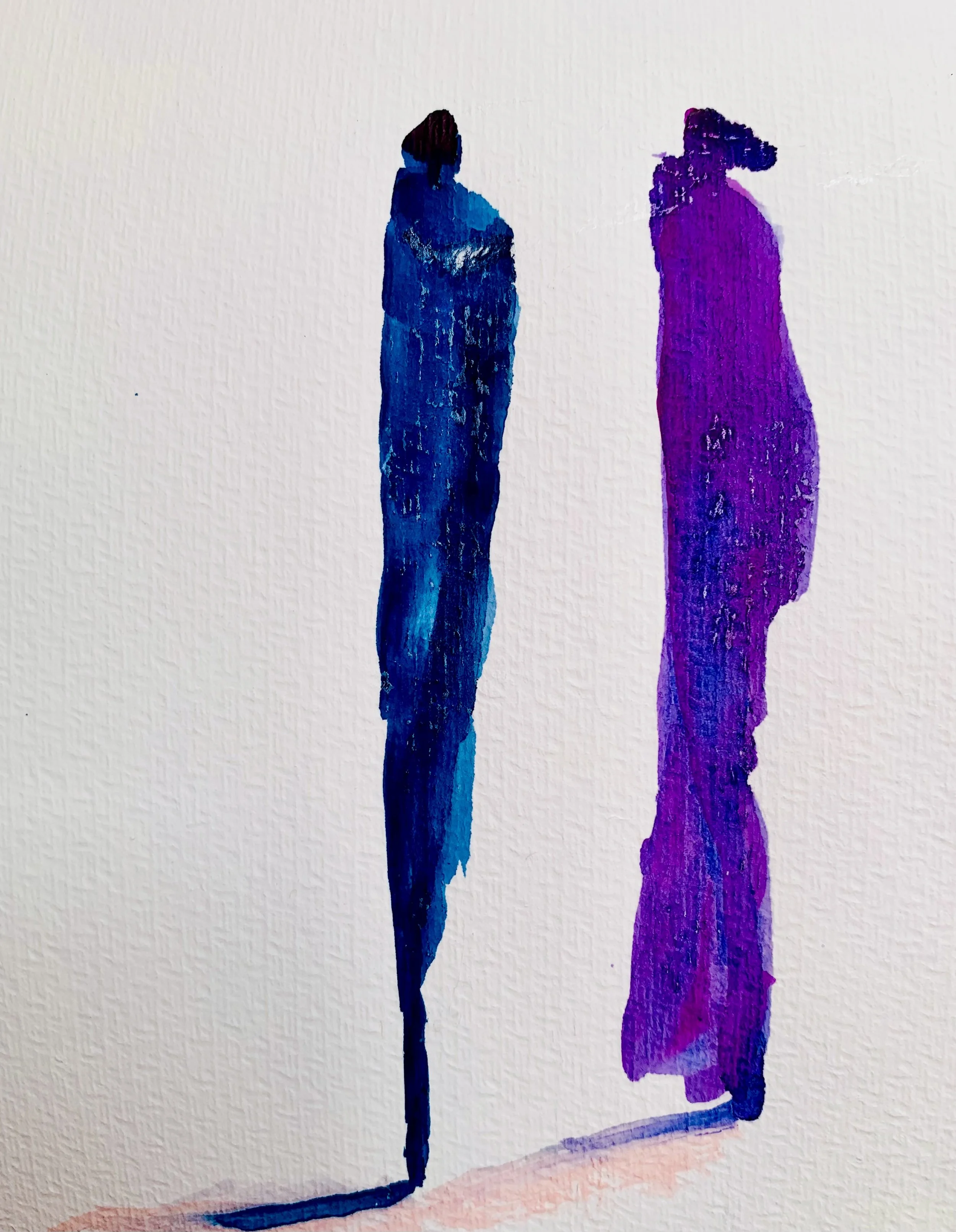 Abstrakte Malerei von zwei silhouettenhaften Figuren in Blau und Lila auf weißem Hintergrund.