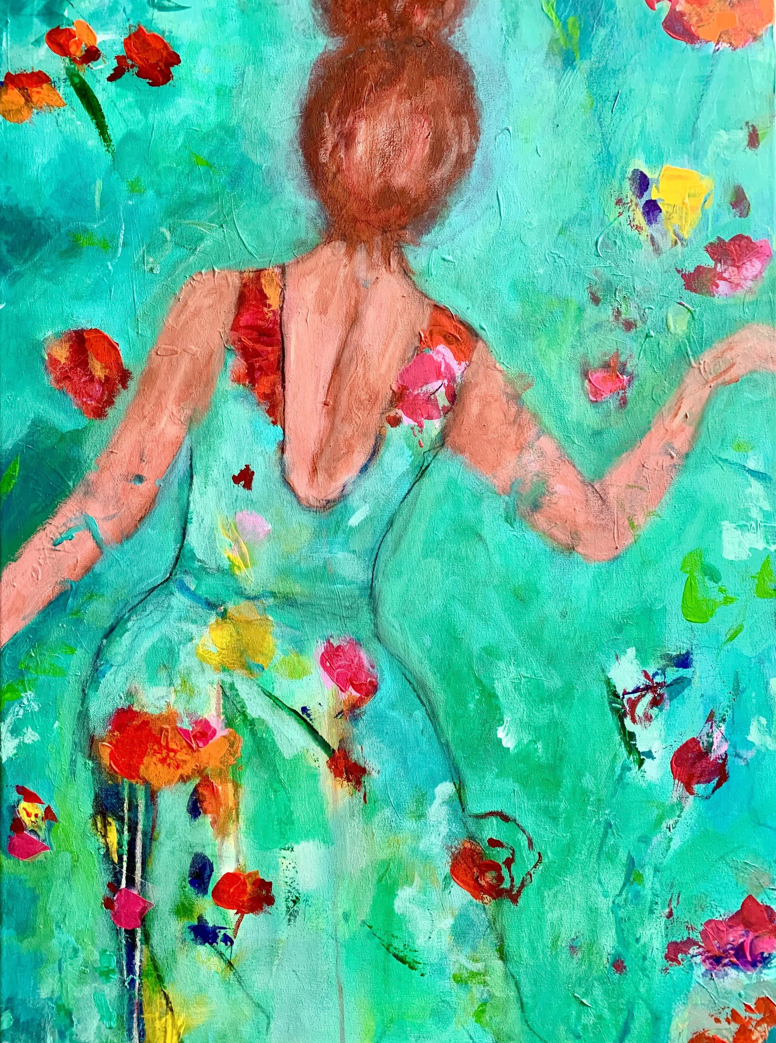 Abstrakte Malerei einer weiblichen Figur mit offenen Rücken, umgeben von bunten Blumen und Tropfen auf türkisfarbenem Hintergrund.