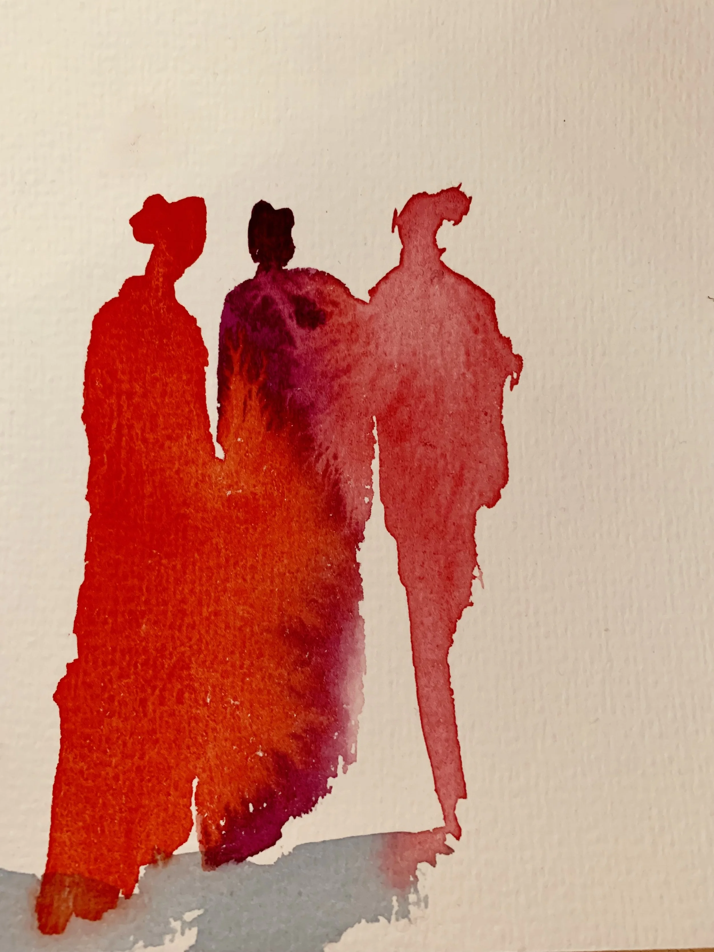 Aquarellmalerei von drei Menschen in formalen Kleidern, die nebeneinander stehen.