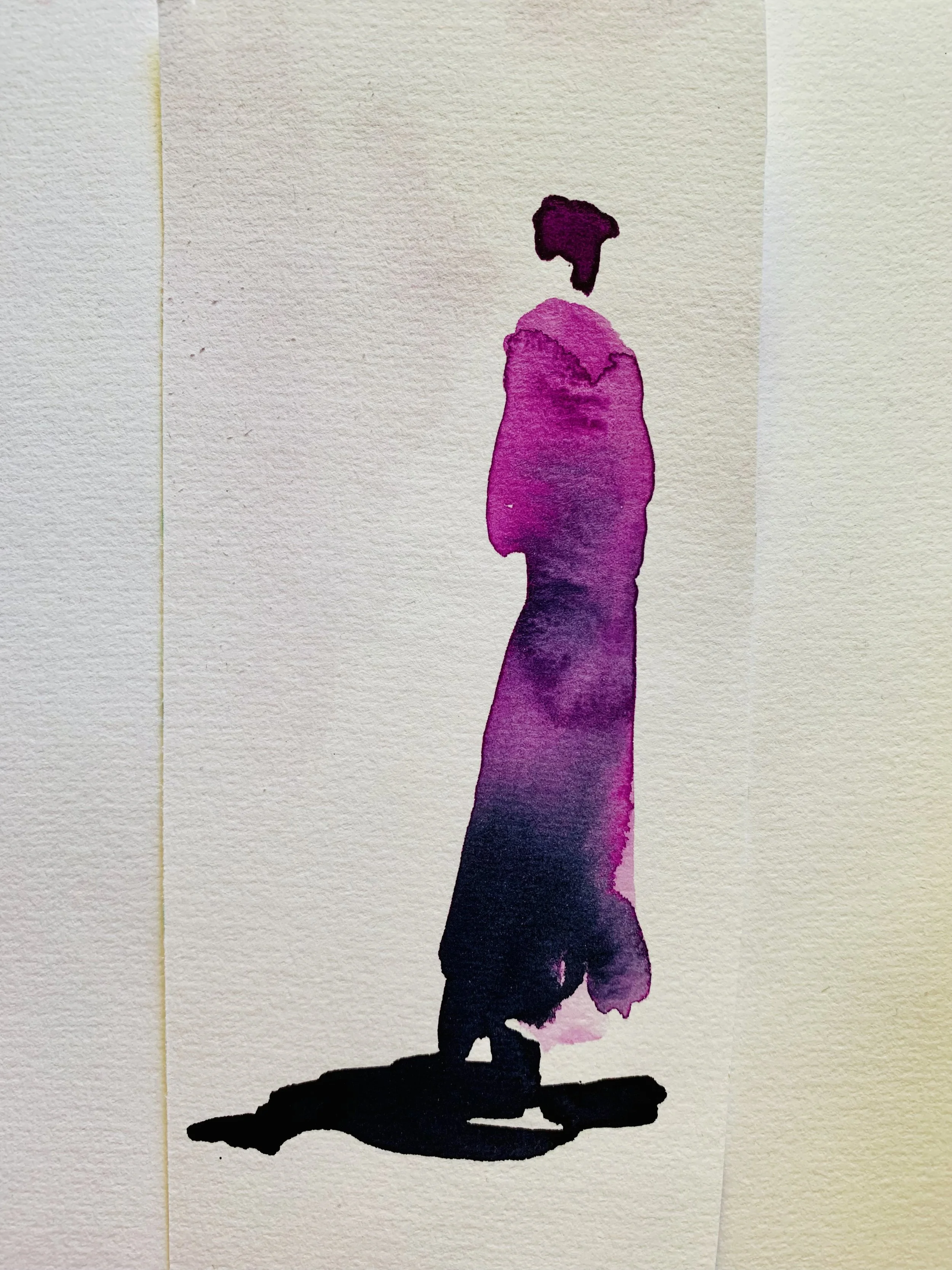 A watercolor painting of a woman in traditional attire standing sideways with a shadow cast on the ground.