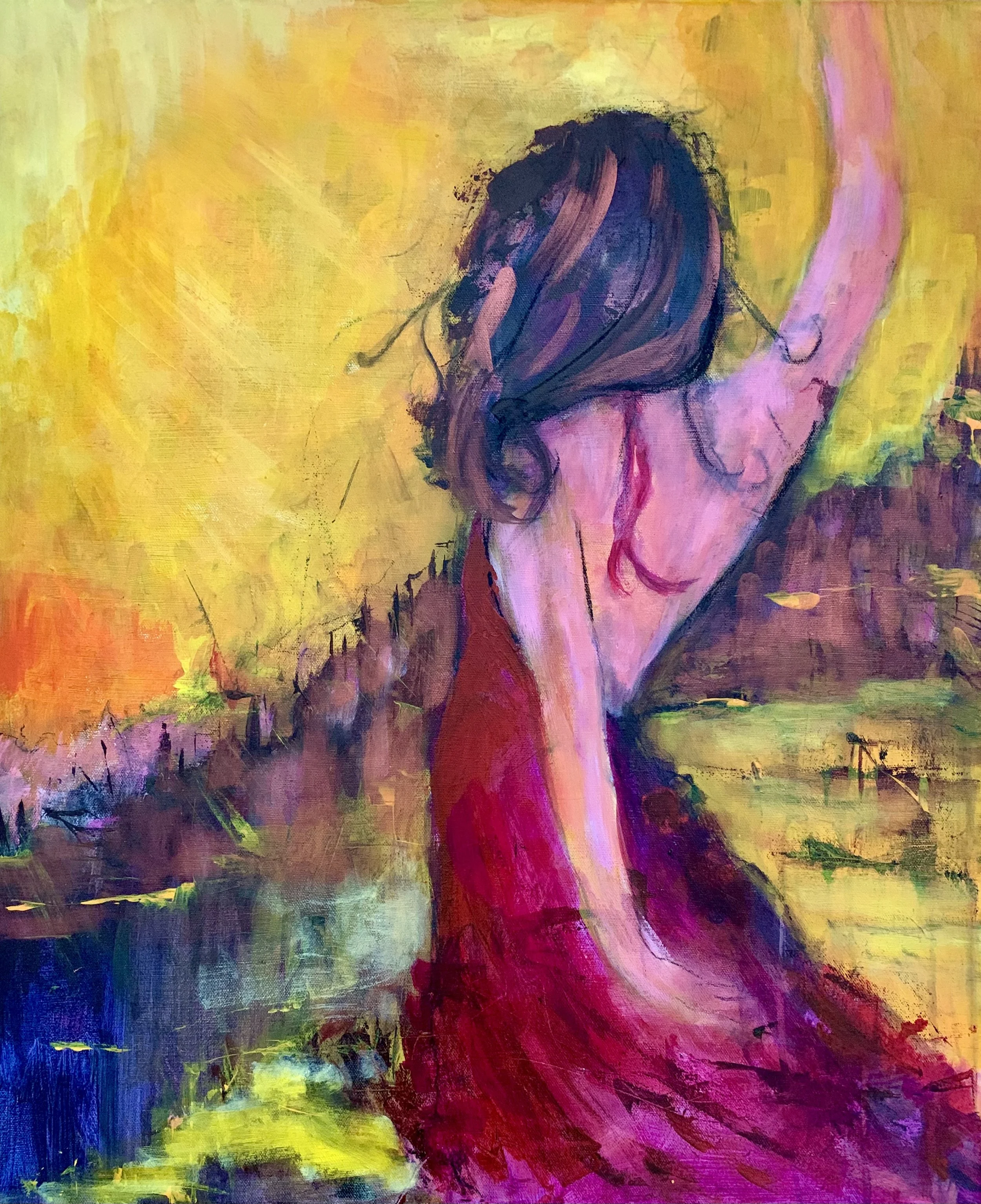 Abstraktes Gemälde einer Frau mit dunklen, welligen Haaren, die einen roten Rock trägt, in einer nach vorne geneigten Haltung, vor einem bunten, impressionistischen Hintergrund.