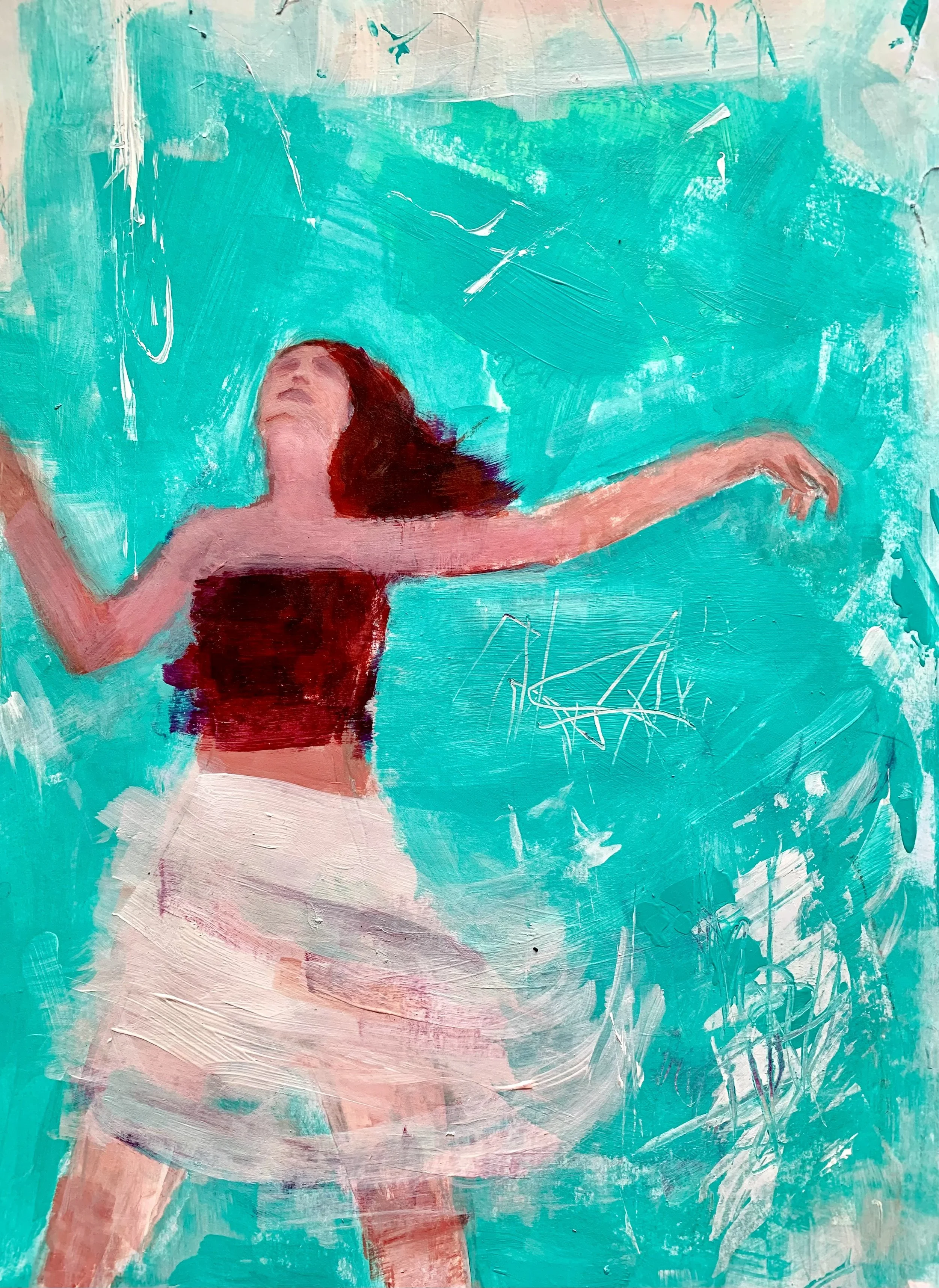 Abstrakte Gemälde einer tanzenden jungen Frau mit langem Haar, trug rotes Top und hellen Rock, auf einem blauen Hintergrund.