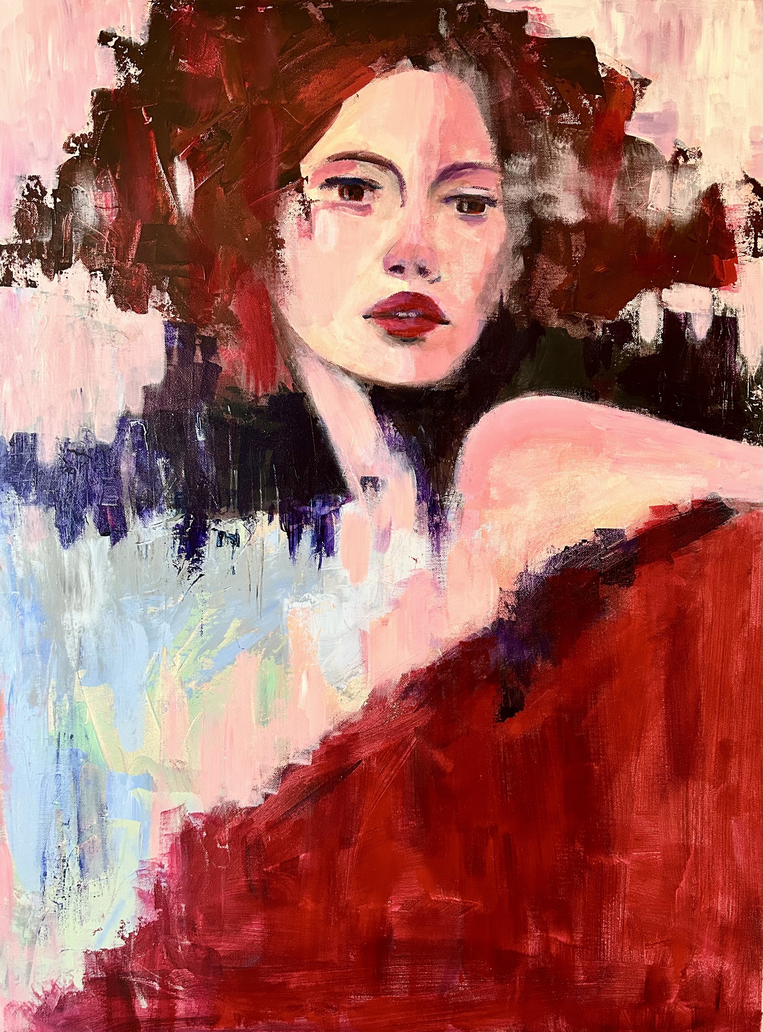 Abstraktes Gemälde eines weiblichen Gesichts mit roten und dunklen Haaren, rotem Lippenstift und nacktem Arm, im künstlerischen Stil.