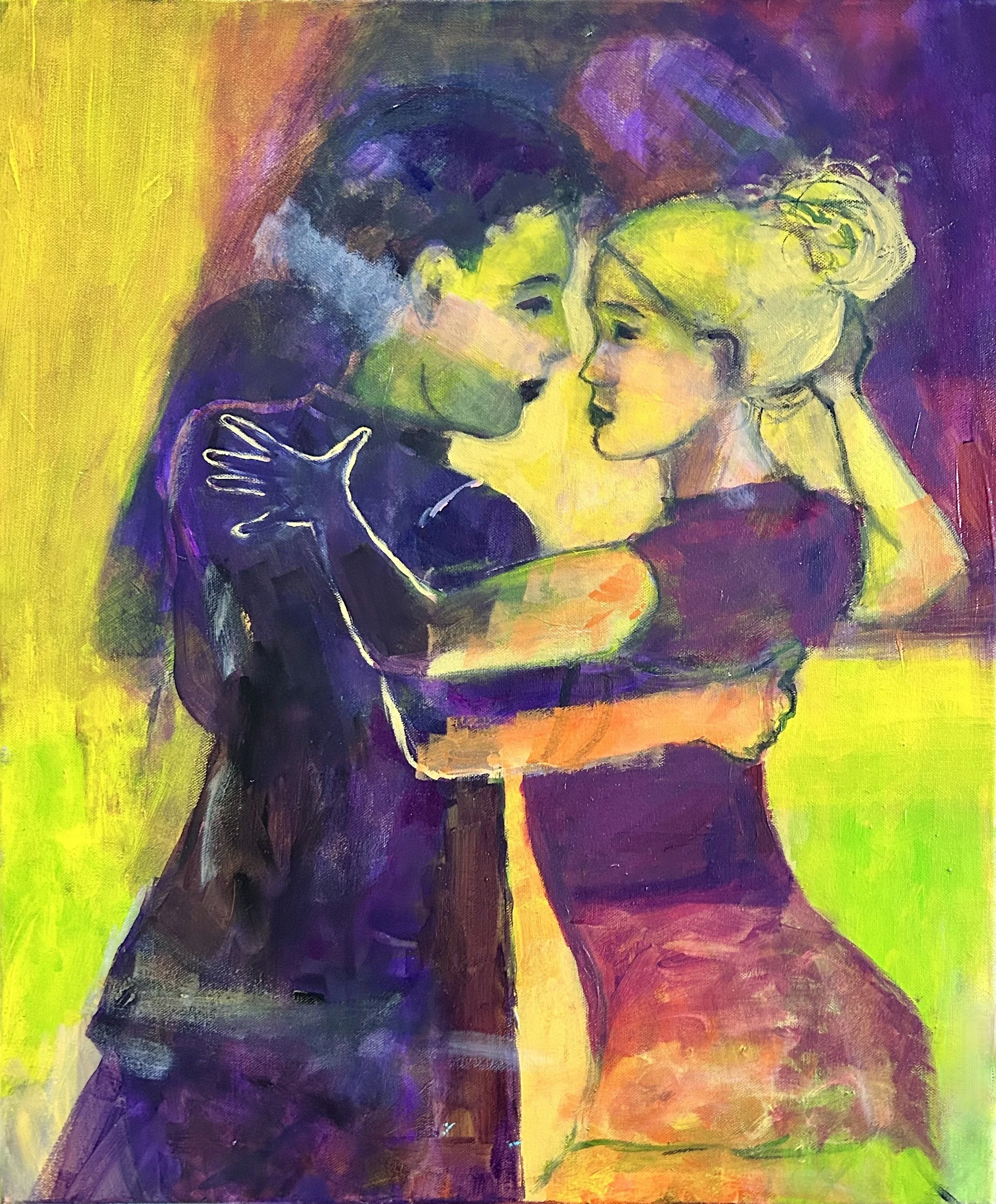 Ein farbenfrohes Gemälde einer jungen Frau und eines jungen Mannes, die sich eng umarmen und aneinander schnuppern.
