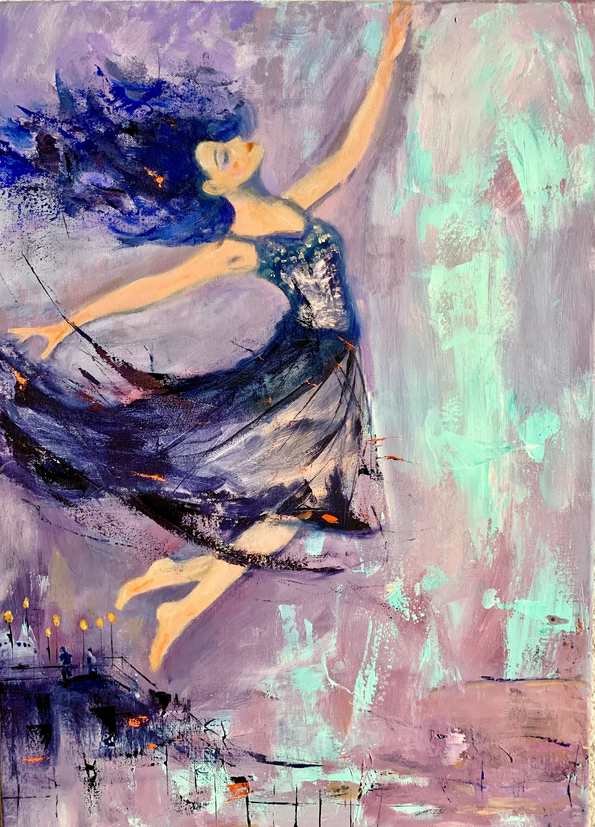 Abstraktes Gemälde einer tanzenden Frau mit blauer Frisur in einem schwarzen Kleid auf einem pinken und grünen Hintergrund, mit cityähnlichen Elementen am unteren Rand.