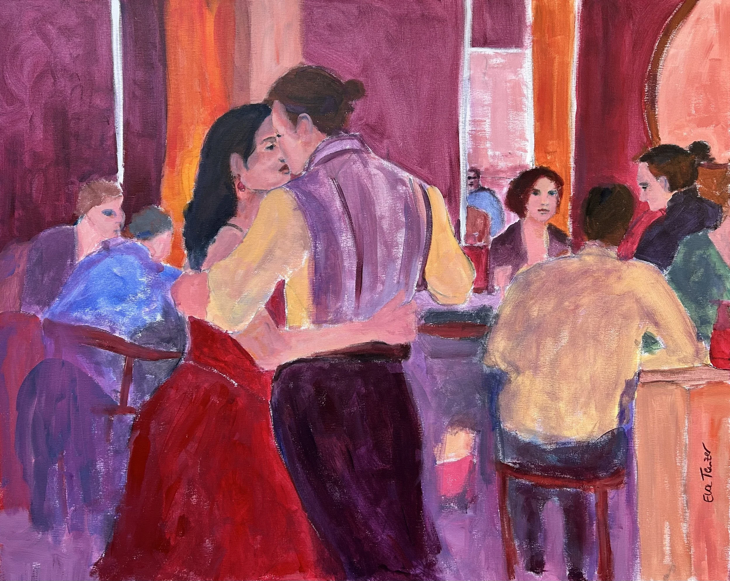 Ein impressionistisches Gemälde eines eleganten Cafés oder Restaurants, in dem mehrere Menschen sitzen und sich unterhalten. Im Vordergrund stehen ein Mann und eine Frau, die sich sehr nahe stehen und in einer intimen Geste miteinander sprechen. Der Raum ist in warmen Farben gehalten, mit roten und orangen Wänden, und die Szene wirkt lebhaft und sozial.