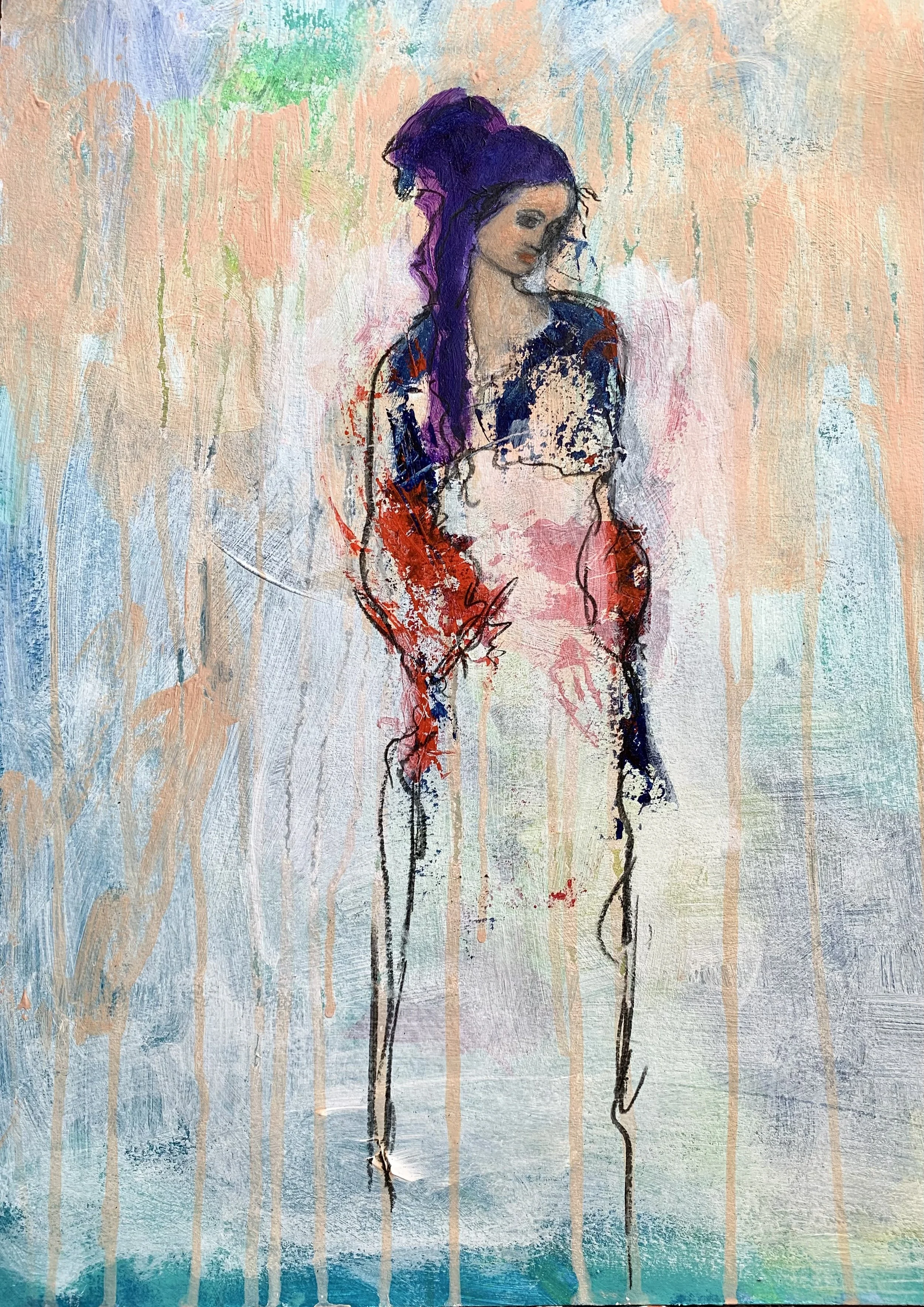 Abstraktes Gemälde eines sitzenden Mädchens mit langen Haaren in dunkler Kleidung vor pastellfarbenem Hintergrund, mit Farbstrudeln und -läufen.