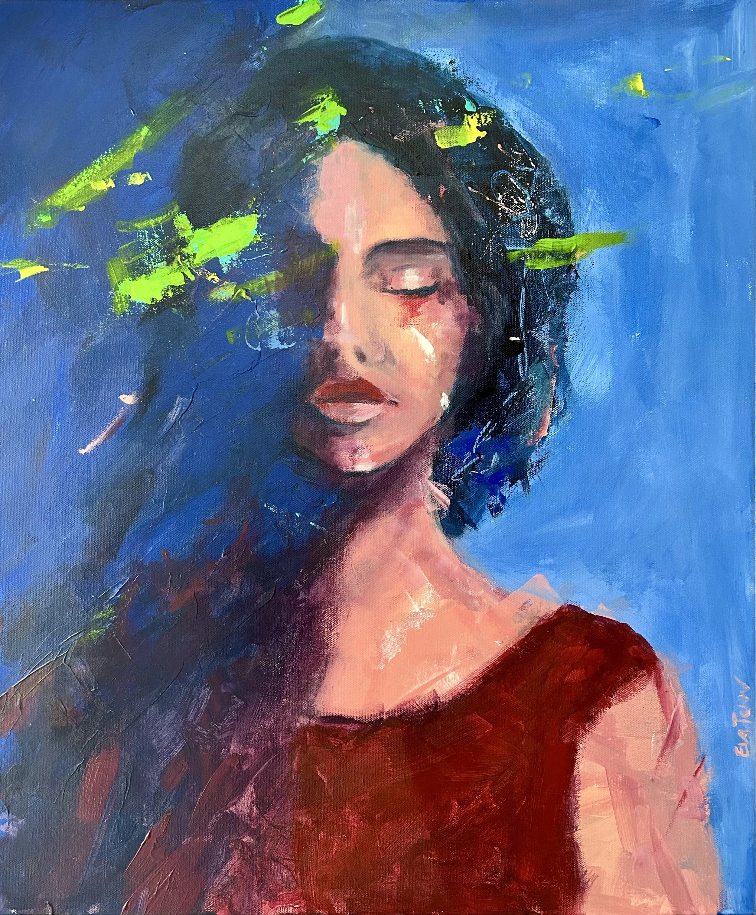 Abstraktes Gemälde eines schlafenden Mädchens mit geschlossenen Augen, dunklen, lockigen Haaren, rotem Kleid vor blauem Hintergrund, mit grünen und gelben Akzenten im Haar.