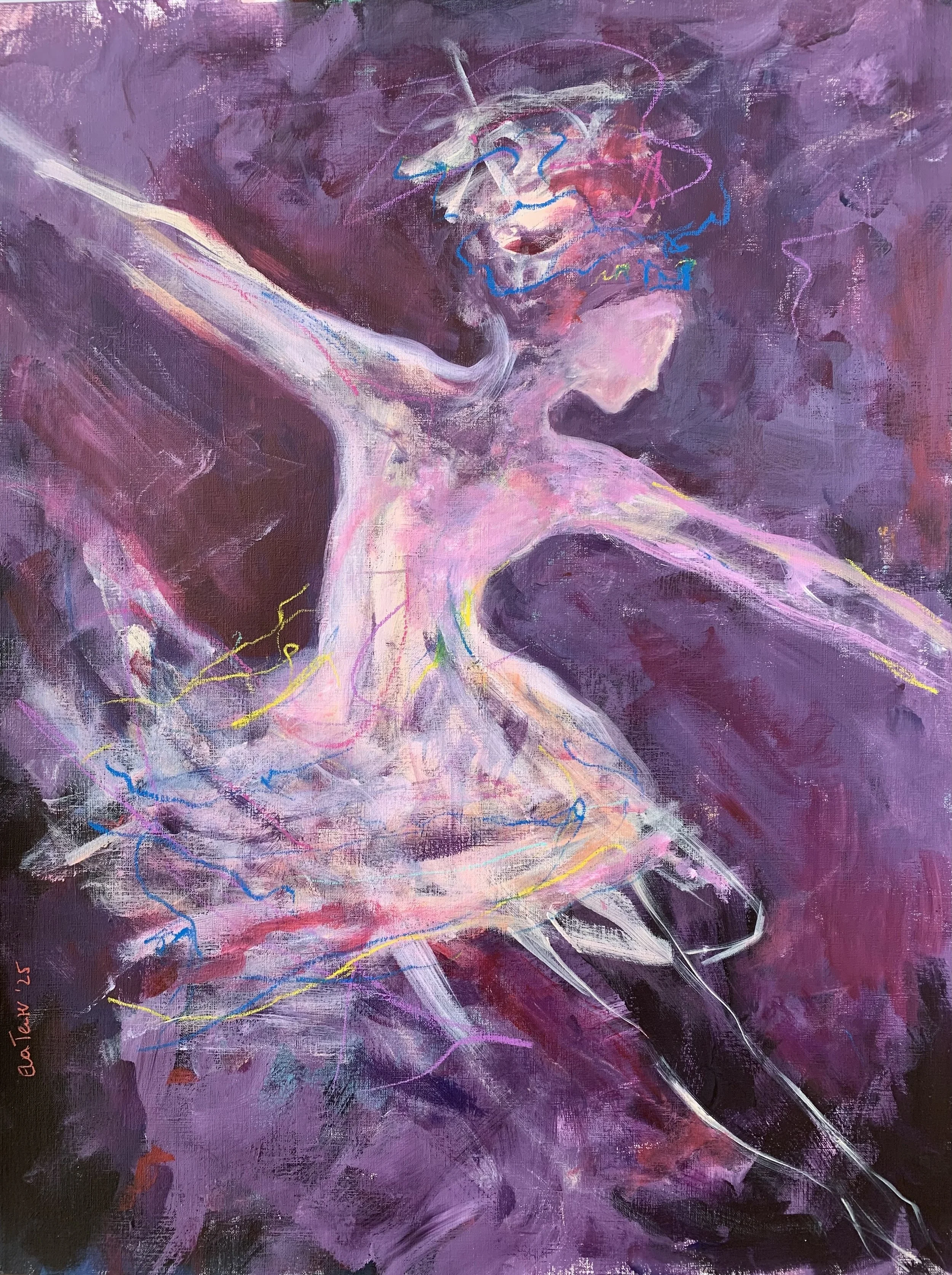 Abstraktes Gemälde einer tänzerischen Figur in Pink- und Lilatönen mit leuchtenden, farbigen Linien auf violettem Hintergrund.
