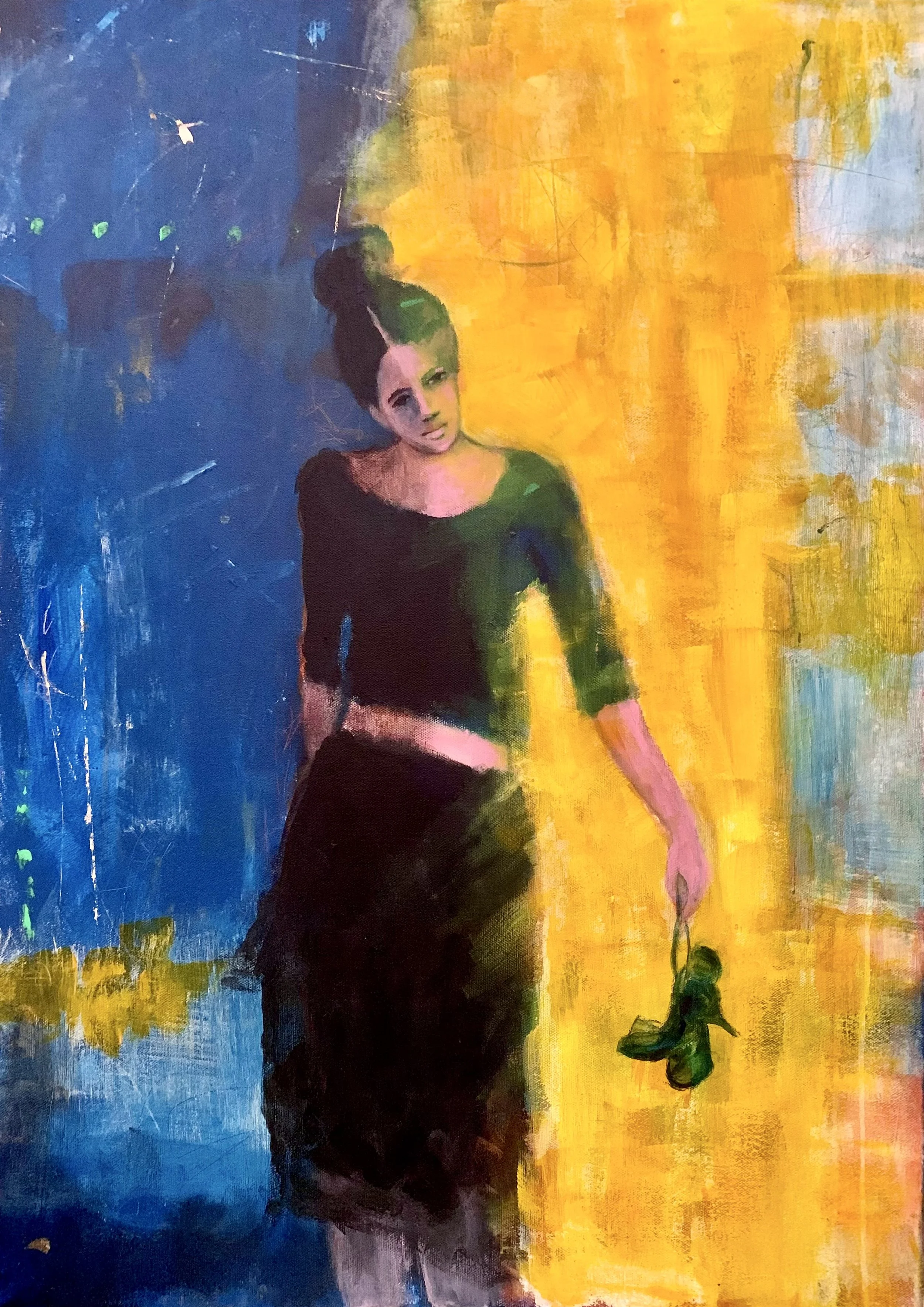 Gemälde einer jungen Frau mit hochgestecktem Haar in dunklem Outfit, die eine Rose hält, mit einem farbigen Hintergrund in Blau und Gelb.