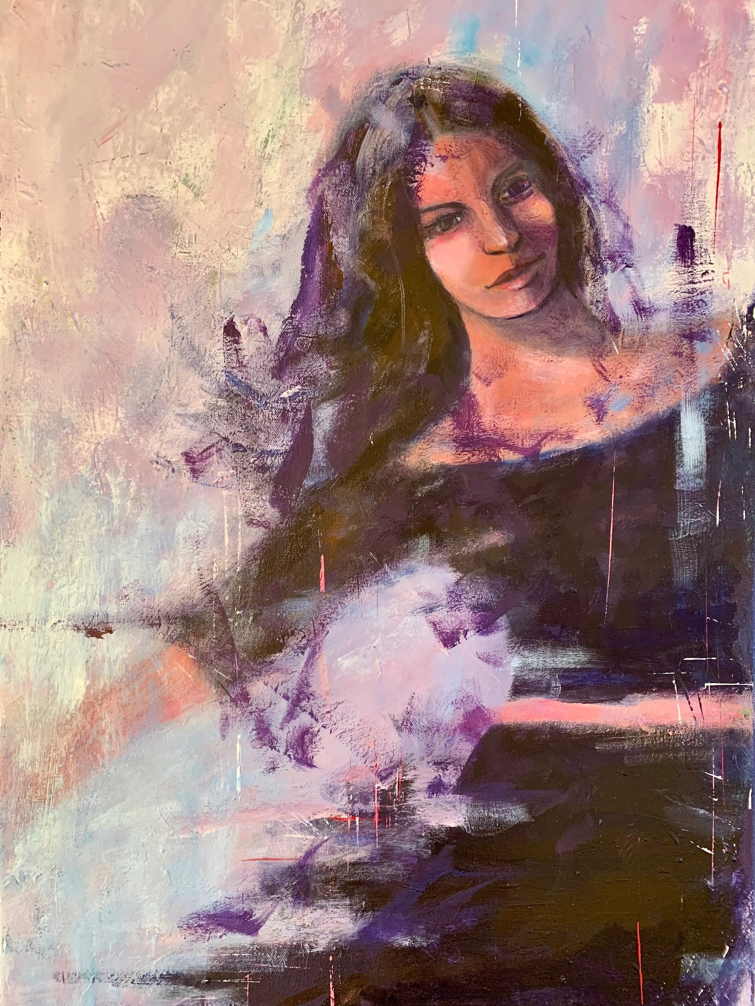 Ein abstraktes Gemälde einer jungen Frau mit langen dunklen Haaren, die einen schwarzen Oberteil trägt und nach rechts blickt. Die Farbpalette umfasst Pastelltöne und dunkle Akzente.