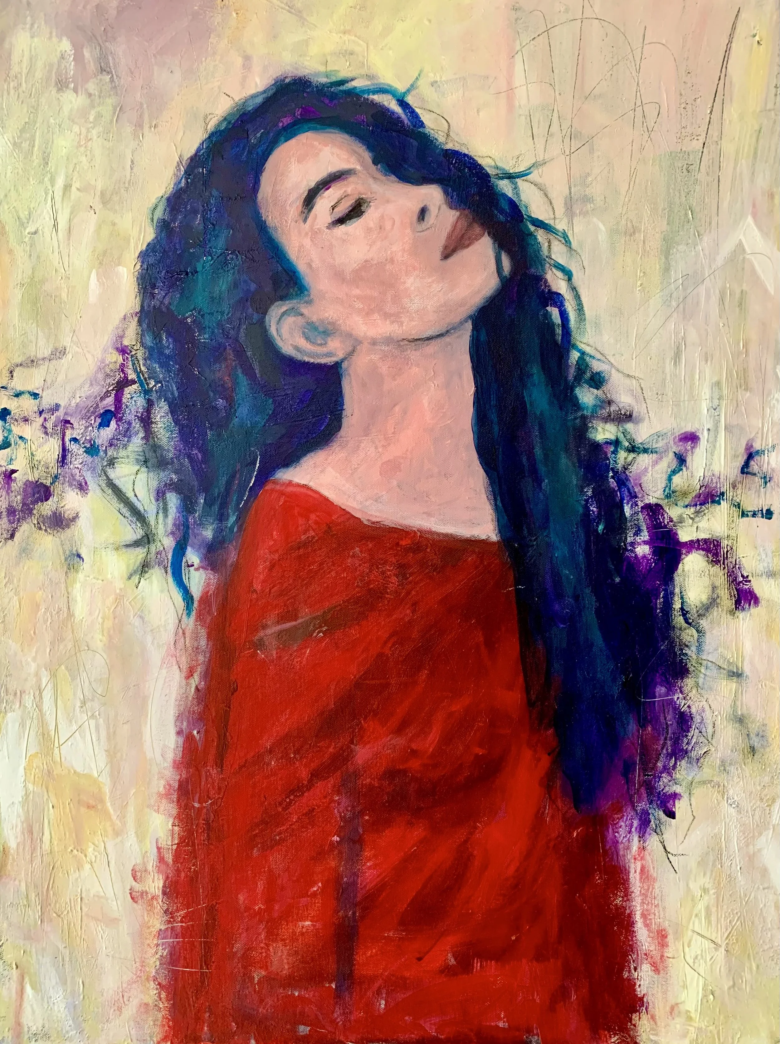 Gemälde einer Frau mit geschlossenen Augen und roten Kleid. Lange dunkle Haare, bunte, abstrakte Hintergrund.