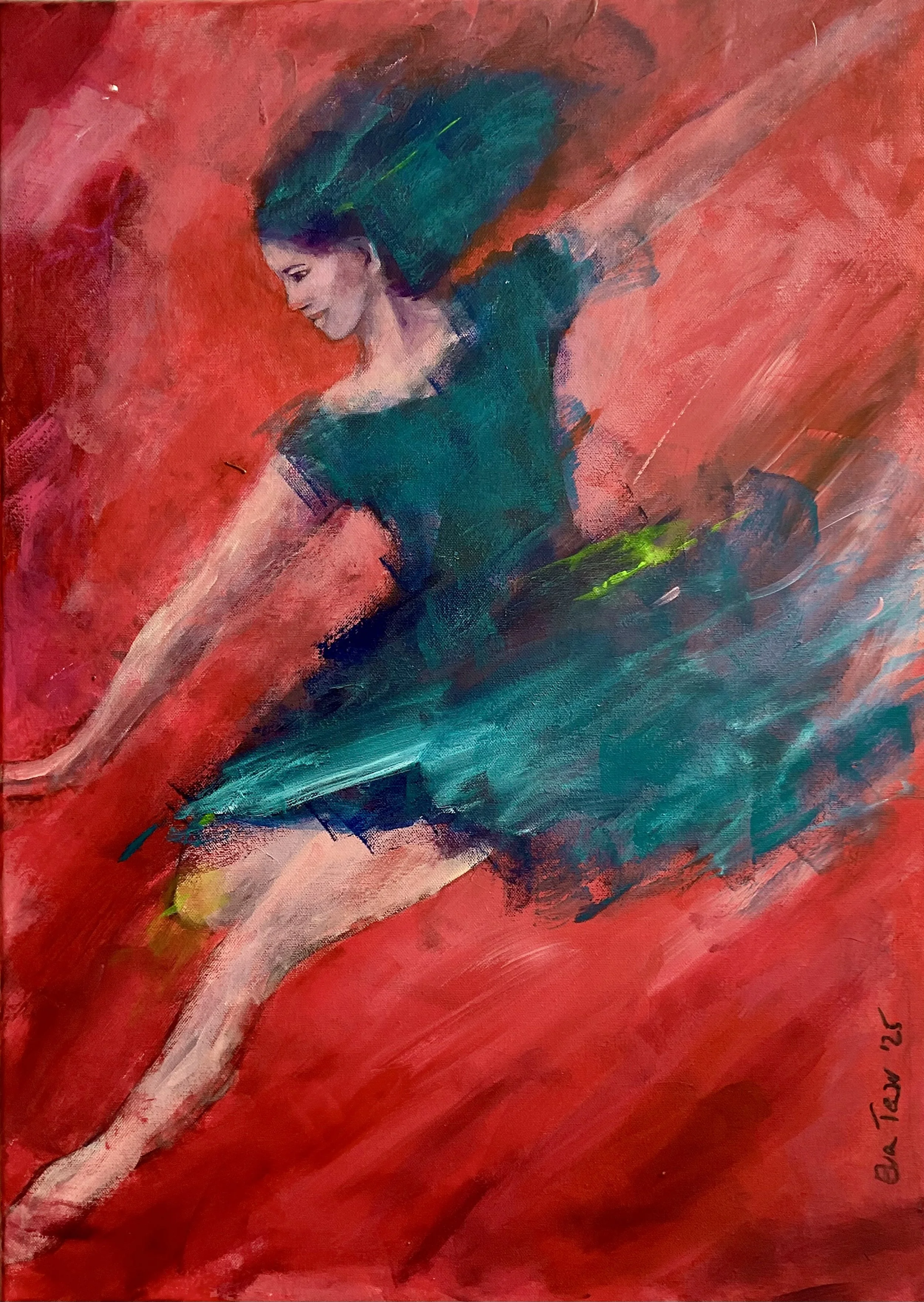 Abstraktes Gemälde einer tanzenden Ballerina mit blauer Kleidung auf rotem Hintergrund.