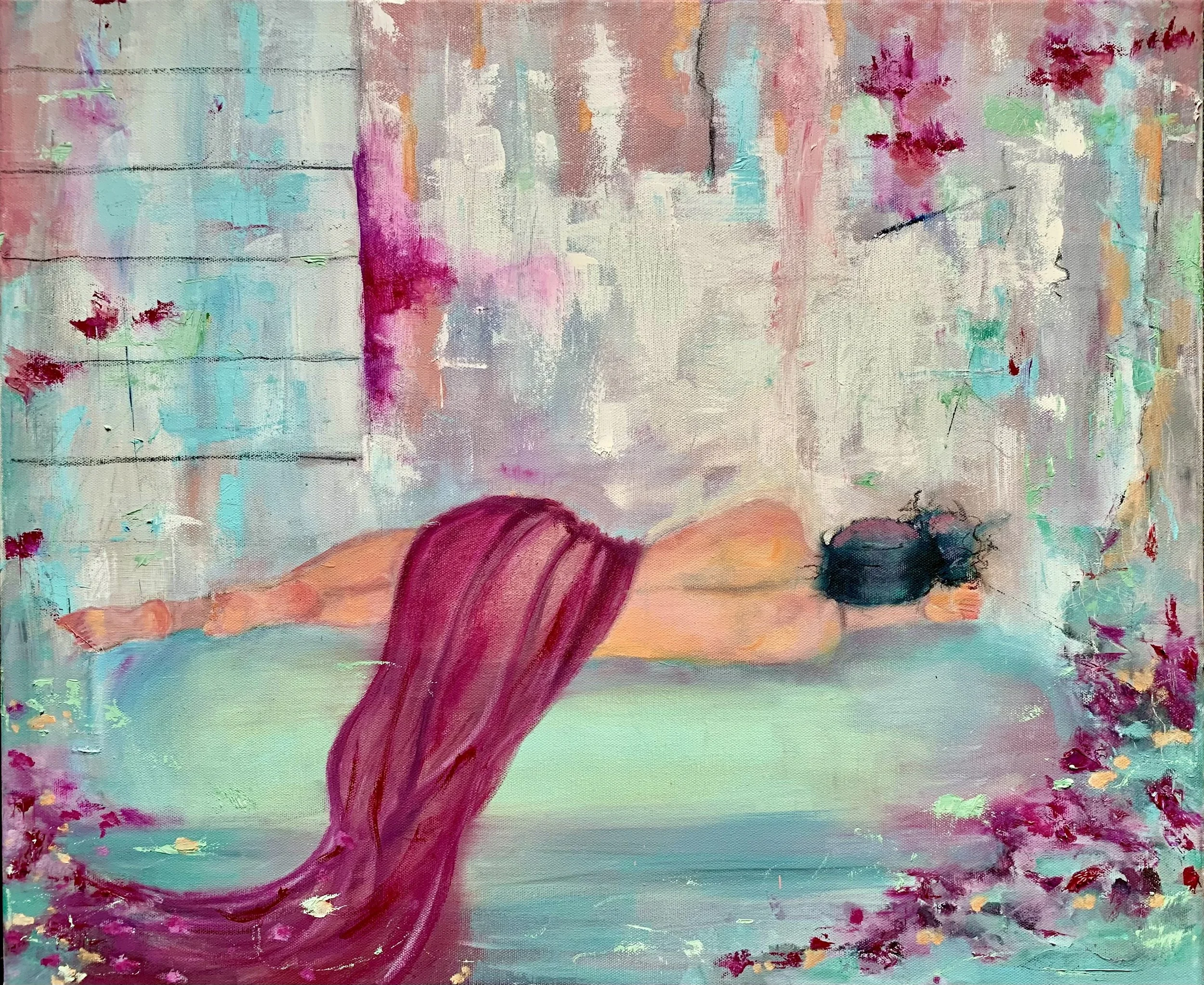 Aquarellmalerei eines liegenden Frauenkörpers mit langen, roten Haaren vor einer abstrakten bunten Hintergrund, mit Blumen und Pastellfarben.