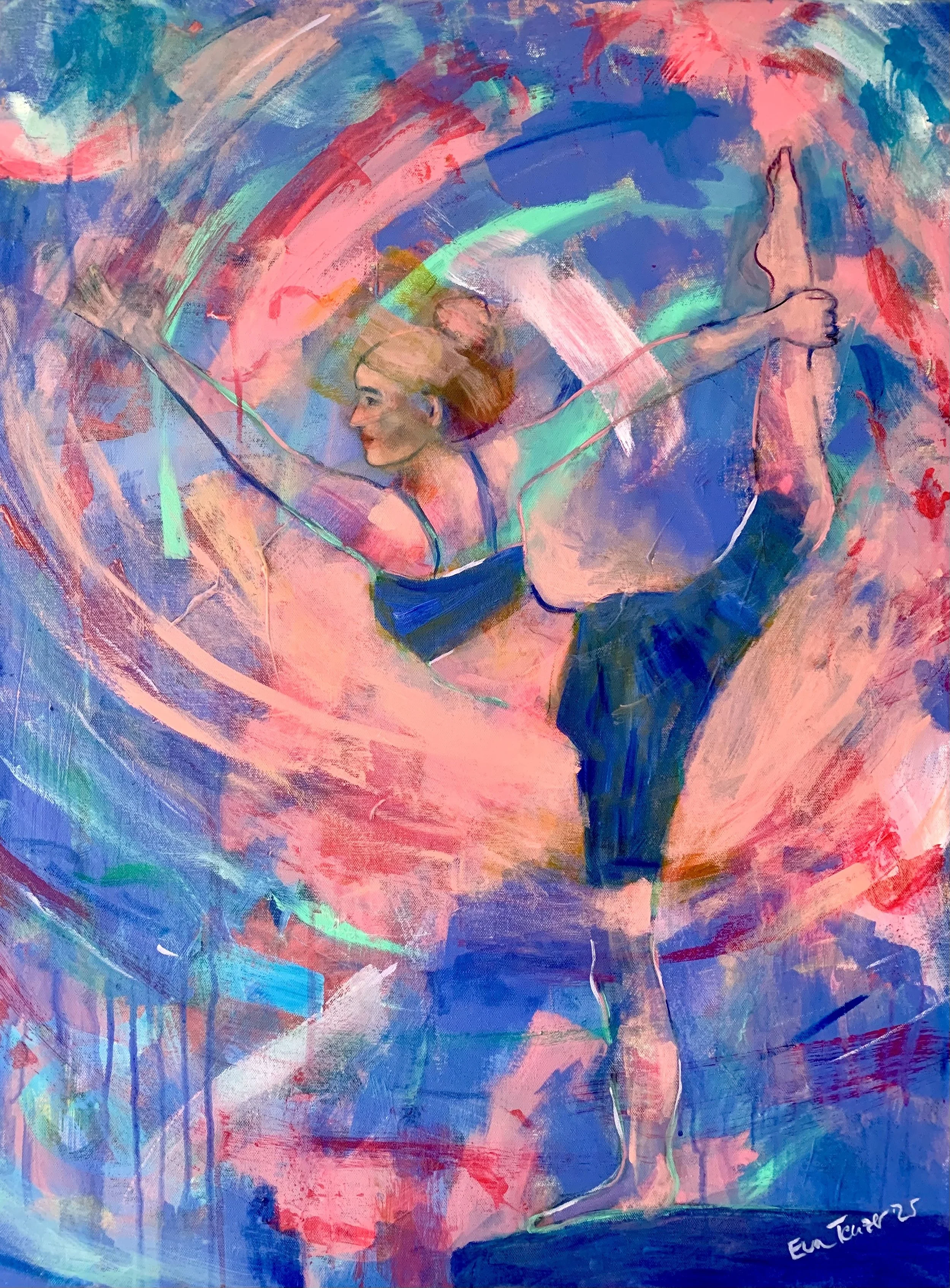 Abstrakte Malerei eines turnenden Balletts mit einer Tänzerin in einem schwarzen Kostüm, umgeben von bunten Pinselstrichen und Kreisen.