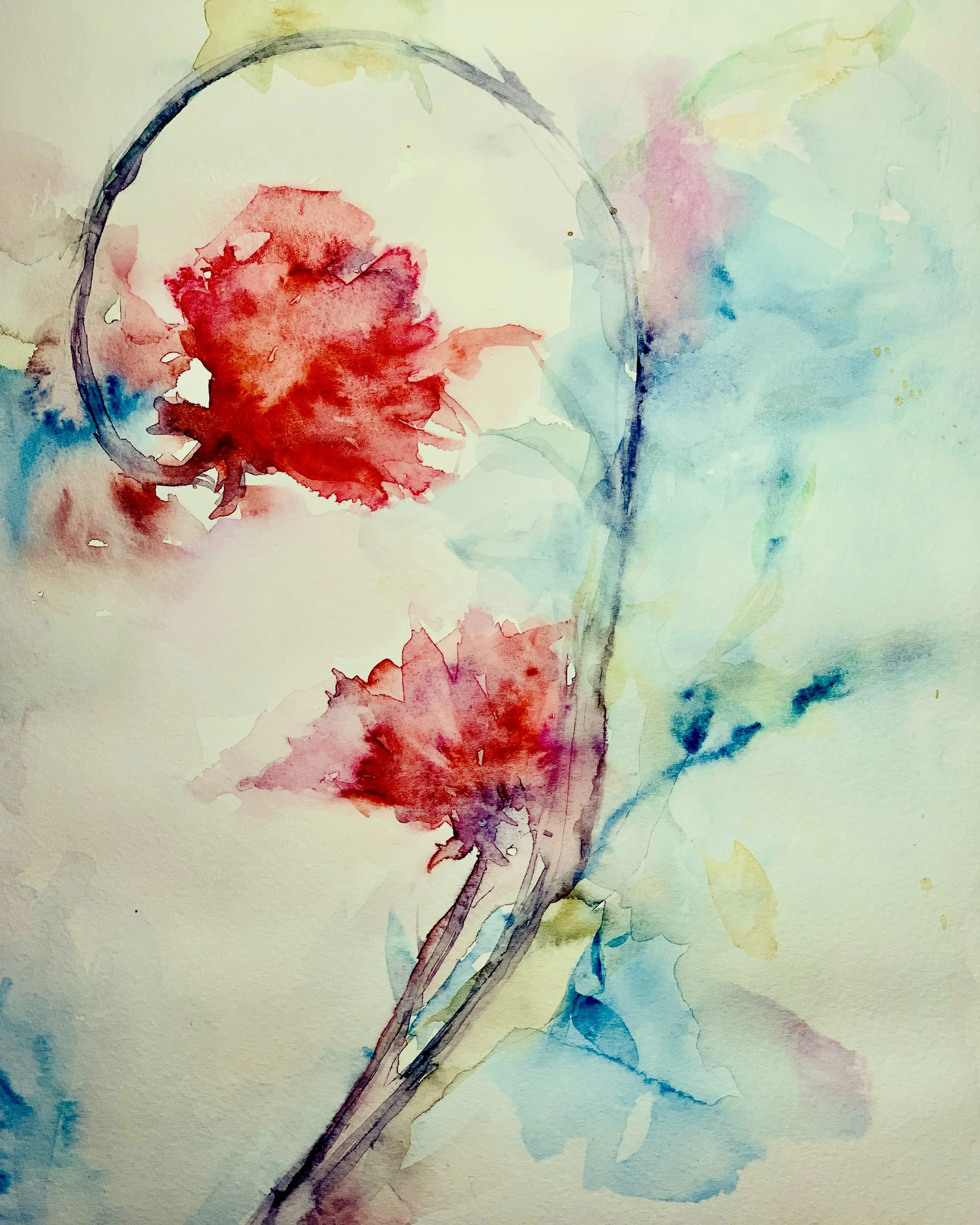 Aquarellierte Skizze einer Blumenstiel mit roten Blüten und grünen, blauen Blättern.