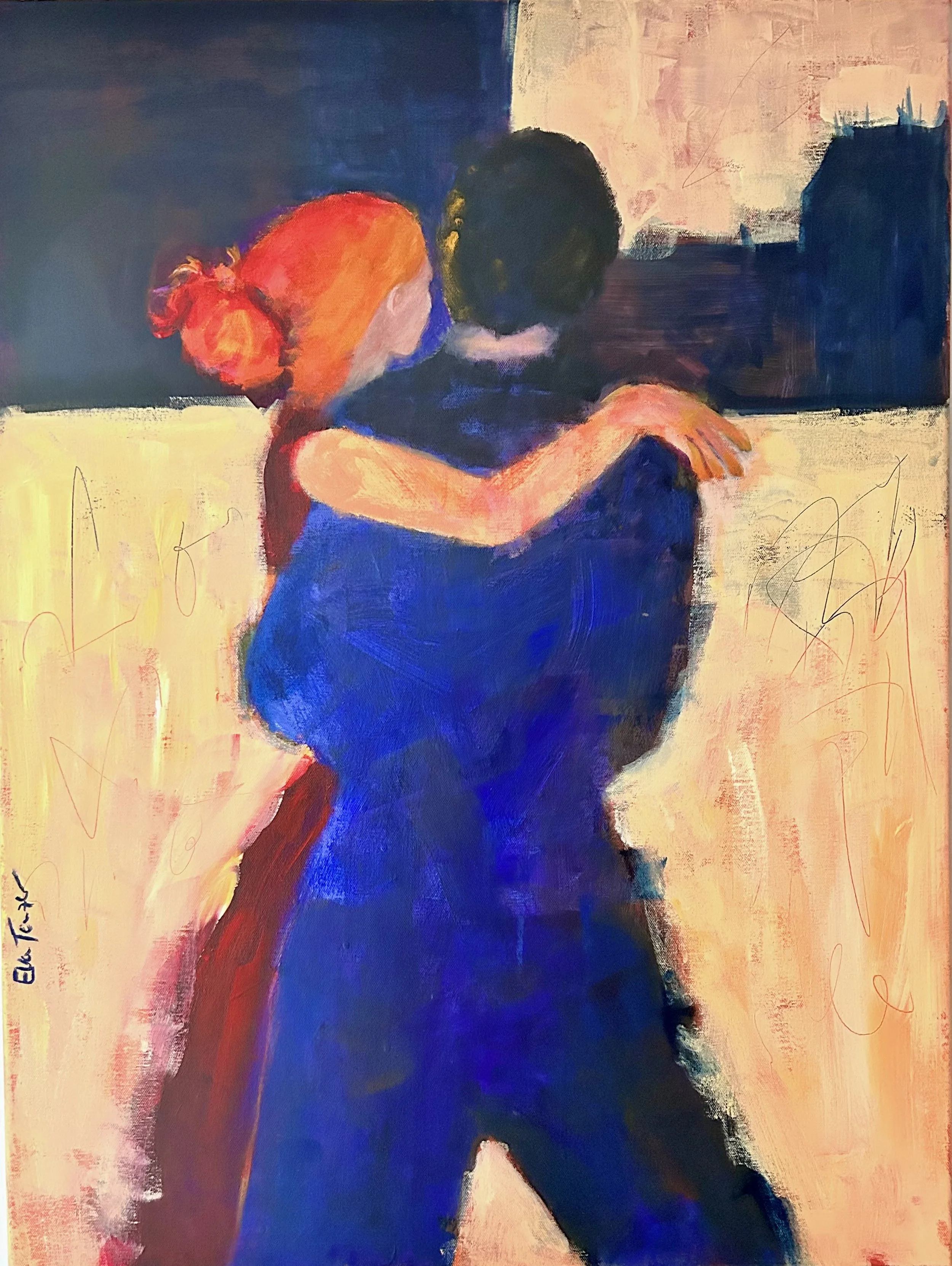 Ein Gemälde von zwei Personen, die sich umarmen, mit einer weiblichen Figur mit roten Haaren, die einen Mann umarmt, der eine dunkle Kleidung trägt.