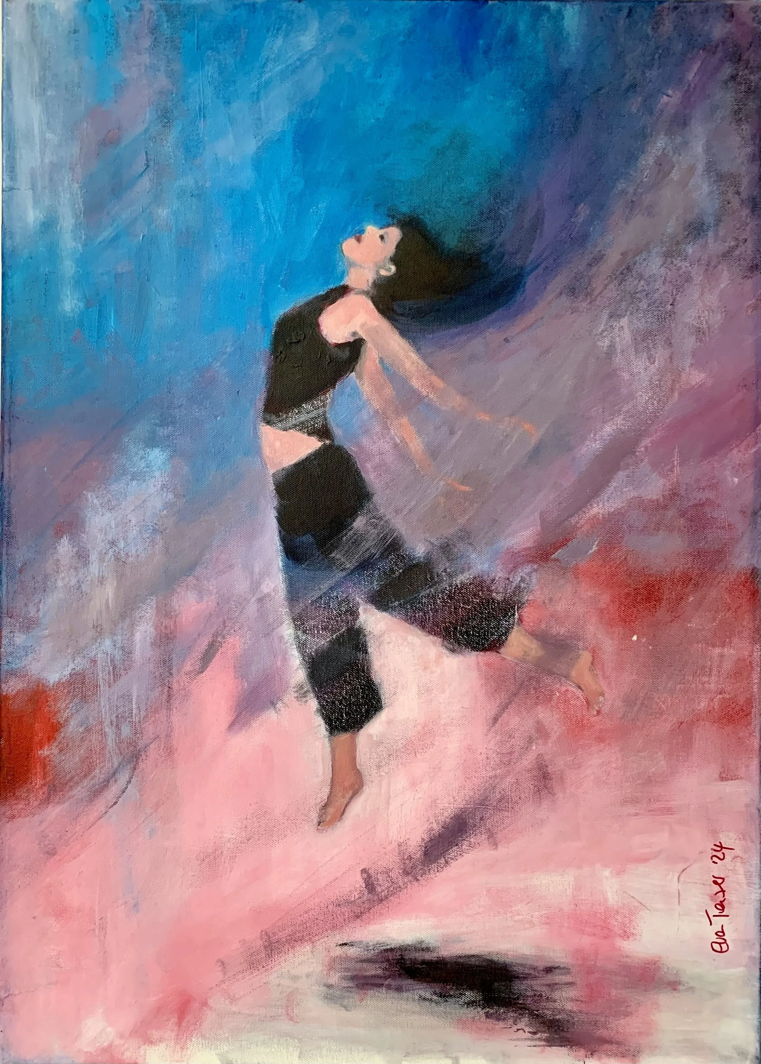 Abstraktes Gemälde einer tanzenden Frau mit langem schwarzen Haar und sportlicher Kleidung auf einer bunten, dynamischen Hintergrundbflow