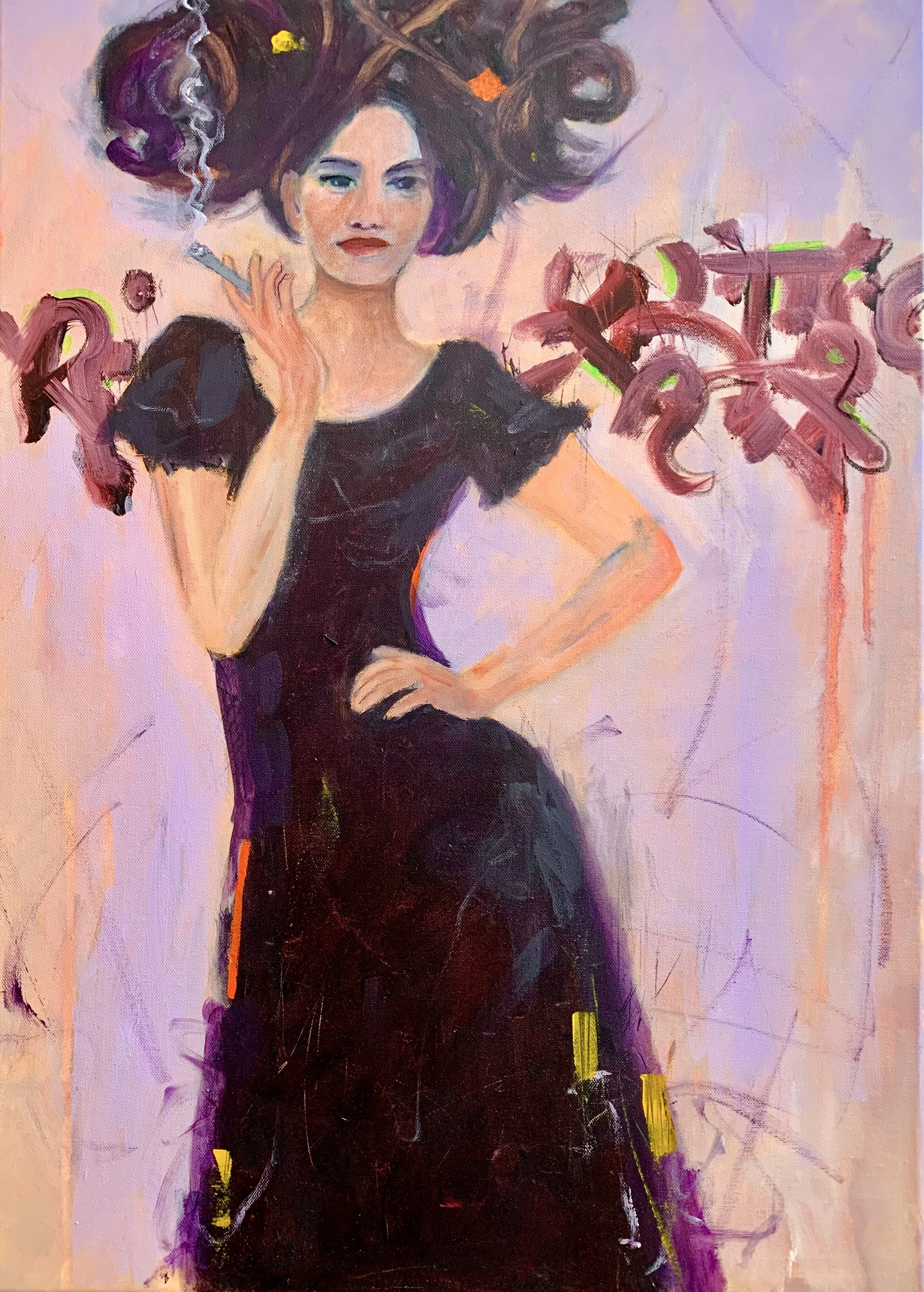 Acrylgemälde auf Leinwand. Zu sehen ist eine junge Frau mit Zigarette. Rauchend. Sie schaut den Betrachter direkt an. Und strahlt eine Aura von Stärke aus.