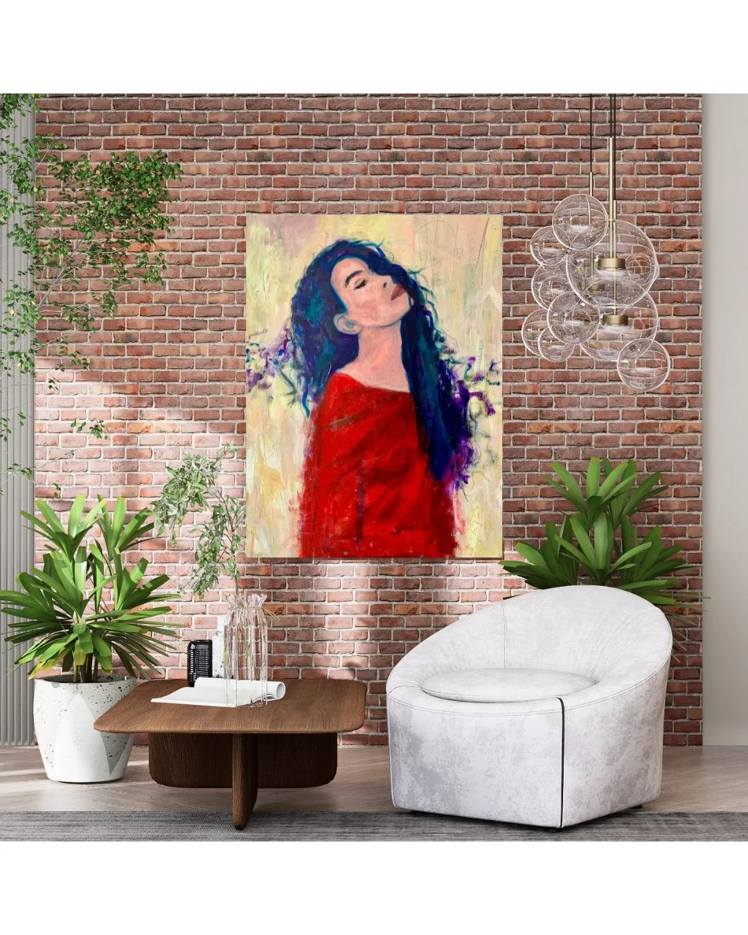 Moderner Wohnbereich mit roter Ziegelwand, abstraktem Gemälde einer Frau mit langen dunklen Haaren in rotem Kleid, Lichterkugel-Deckenleuchte, weißen Sessel, niedriger Holztablett, Pflanzen und Glasvasen.